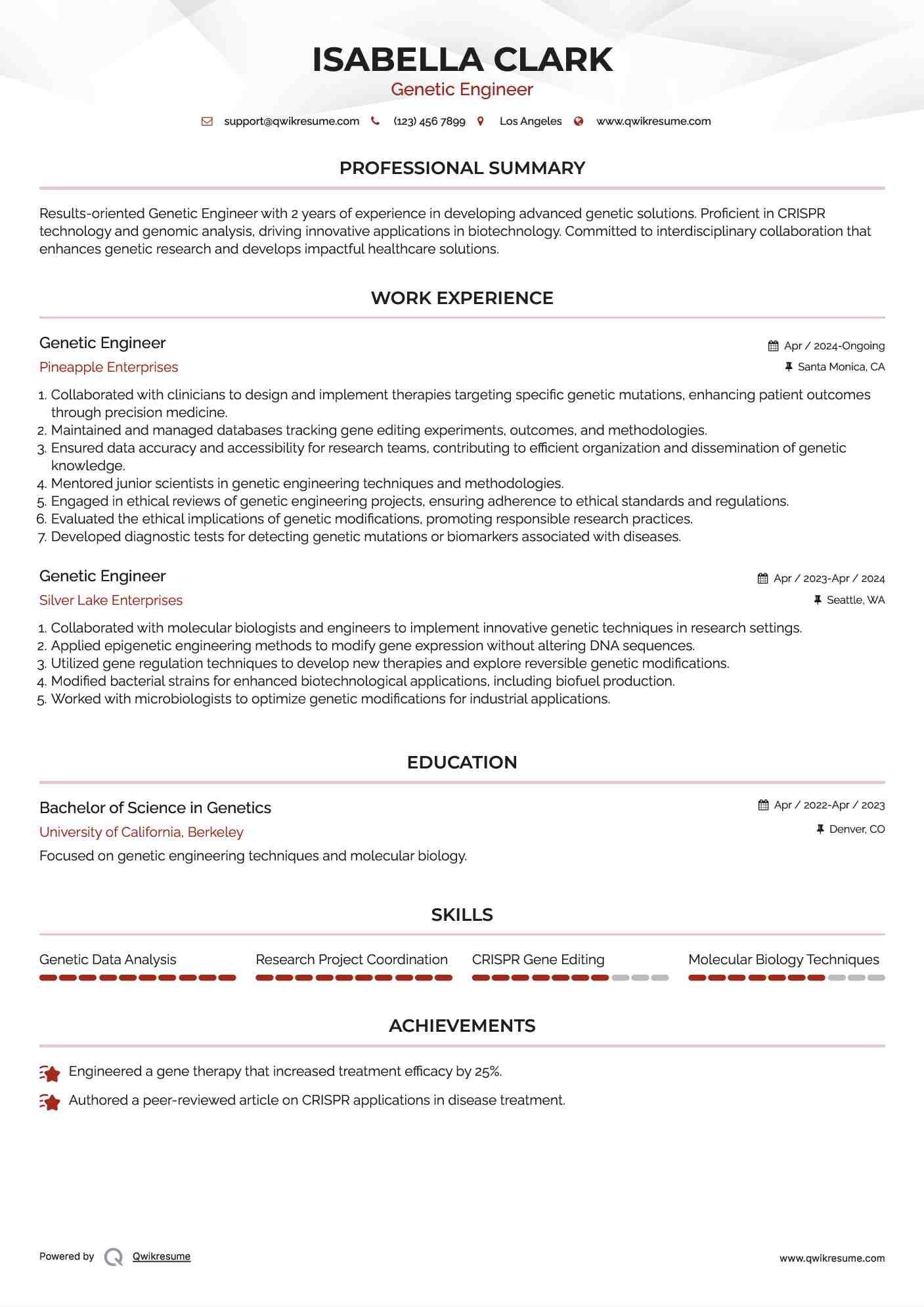 Genetic Engineer Resume Sample