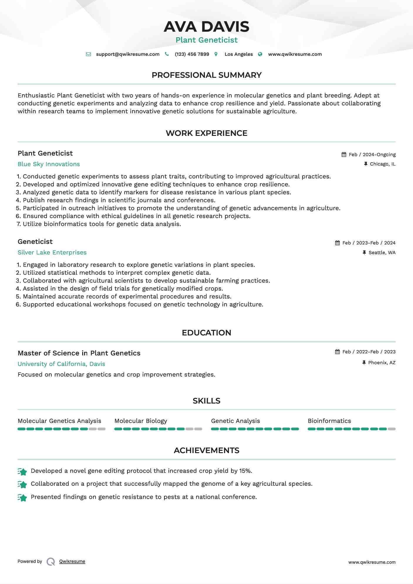 Plant Geneticist Resume Example