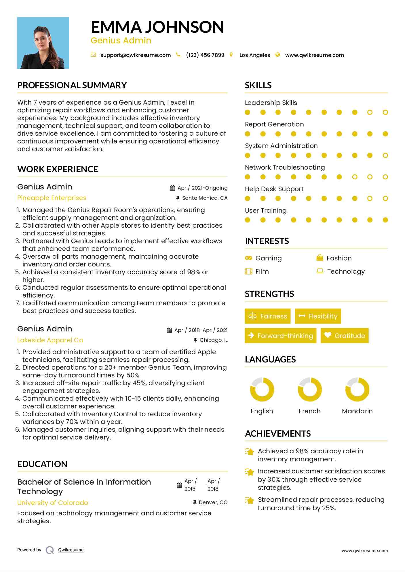 Genius Admin Resume Sample