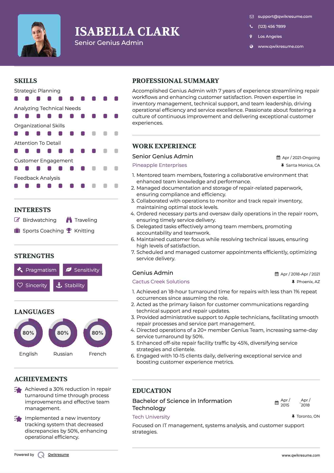 Senior Genius Admin Resume Example