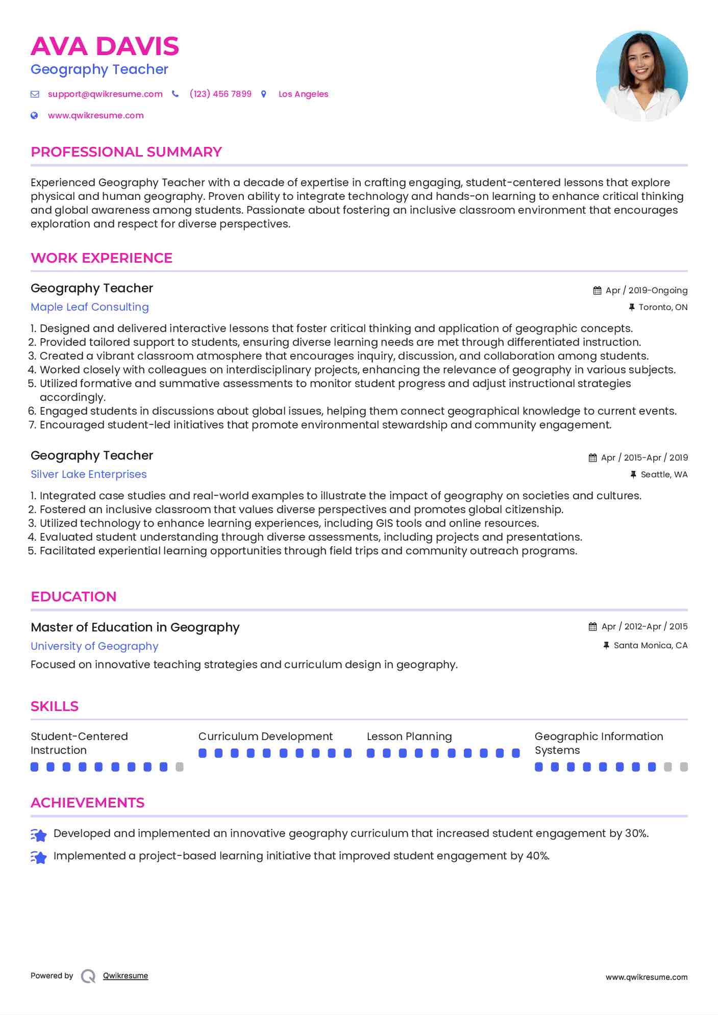 Geography Teacher Resume Model
