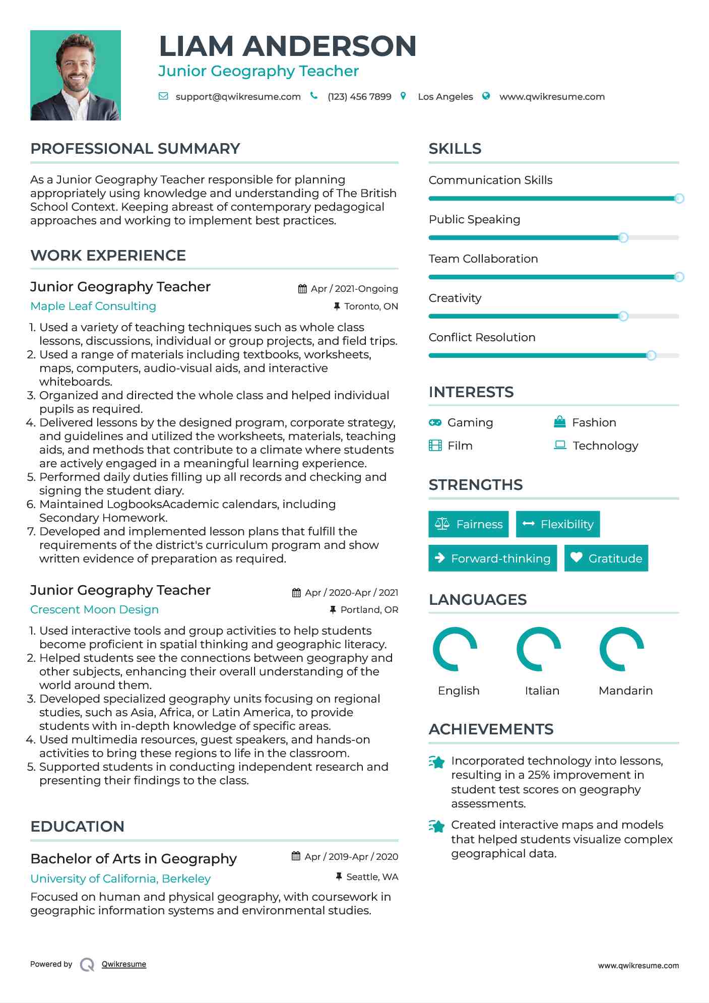 Junior Geography Teacher Resume Format