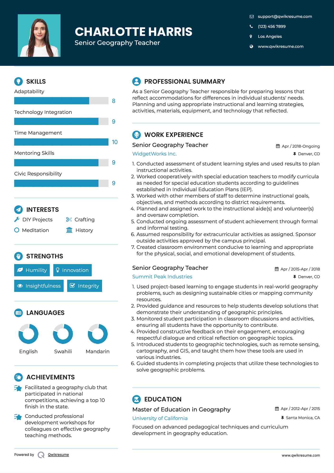 Senior  Geography Teacher Resume Format