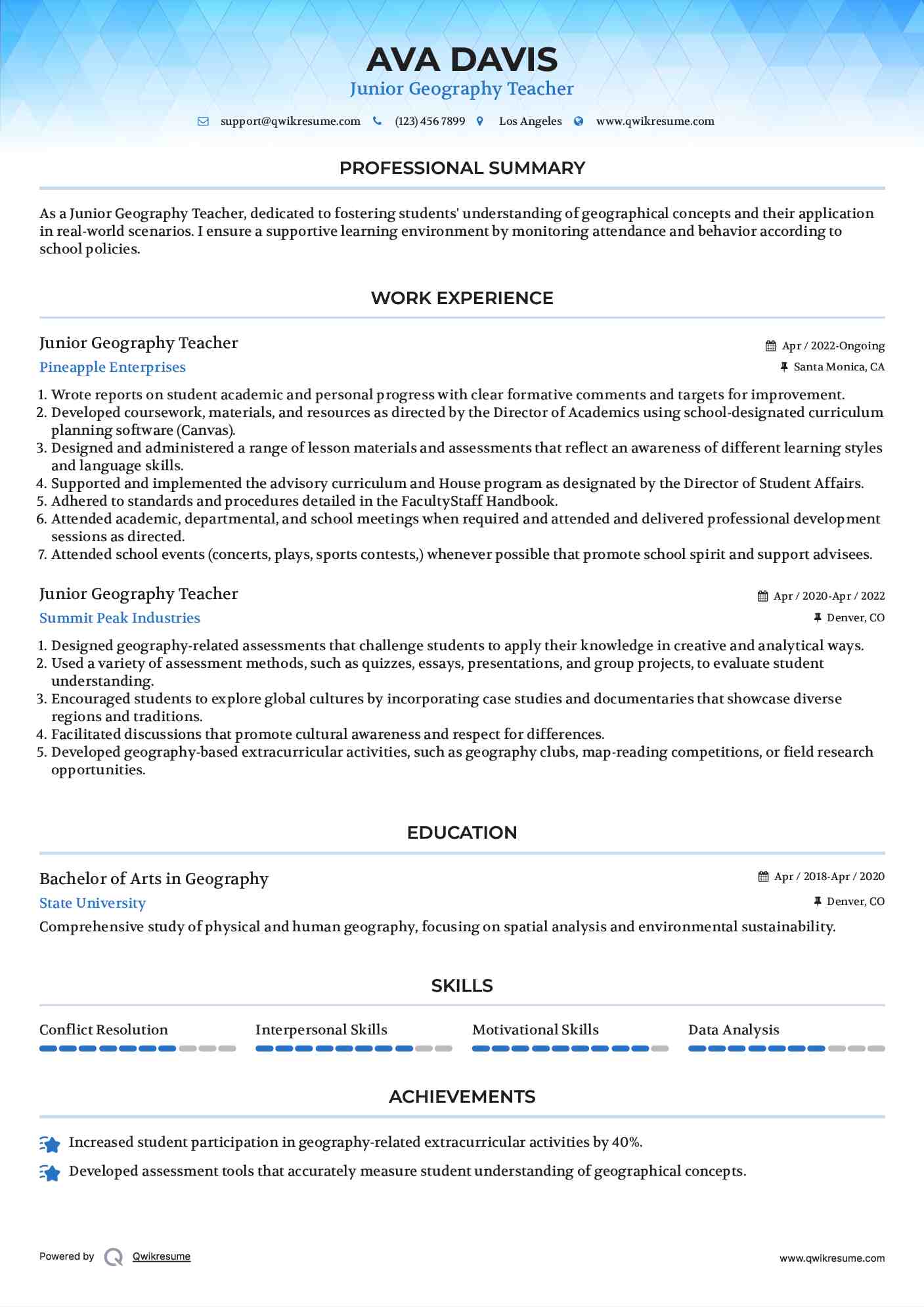 Junior Geography Teacher Resume Format