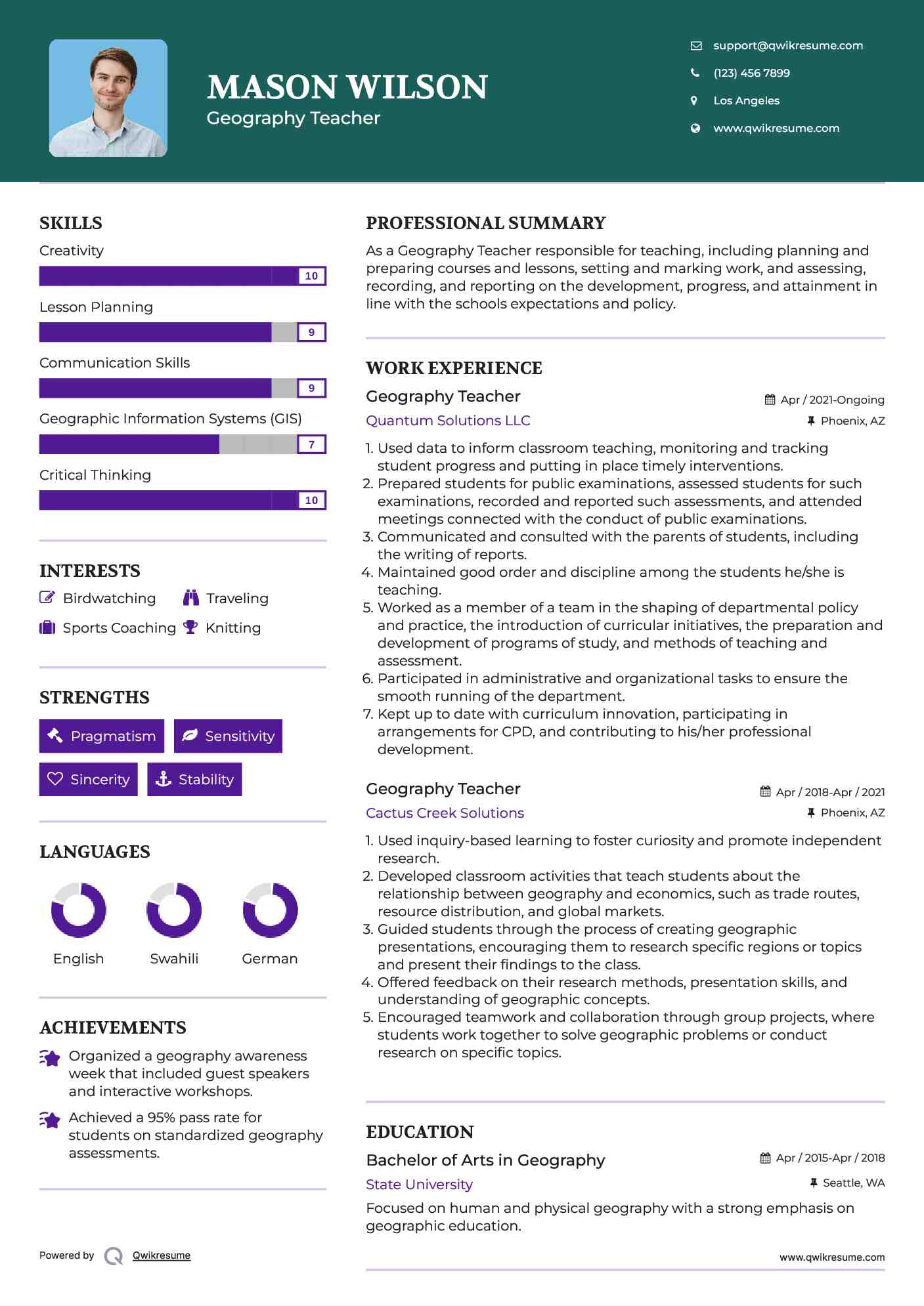 Geography Teacher Resume Sample