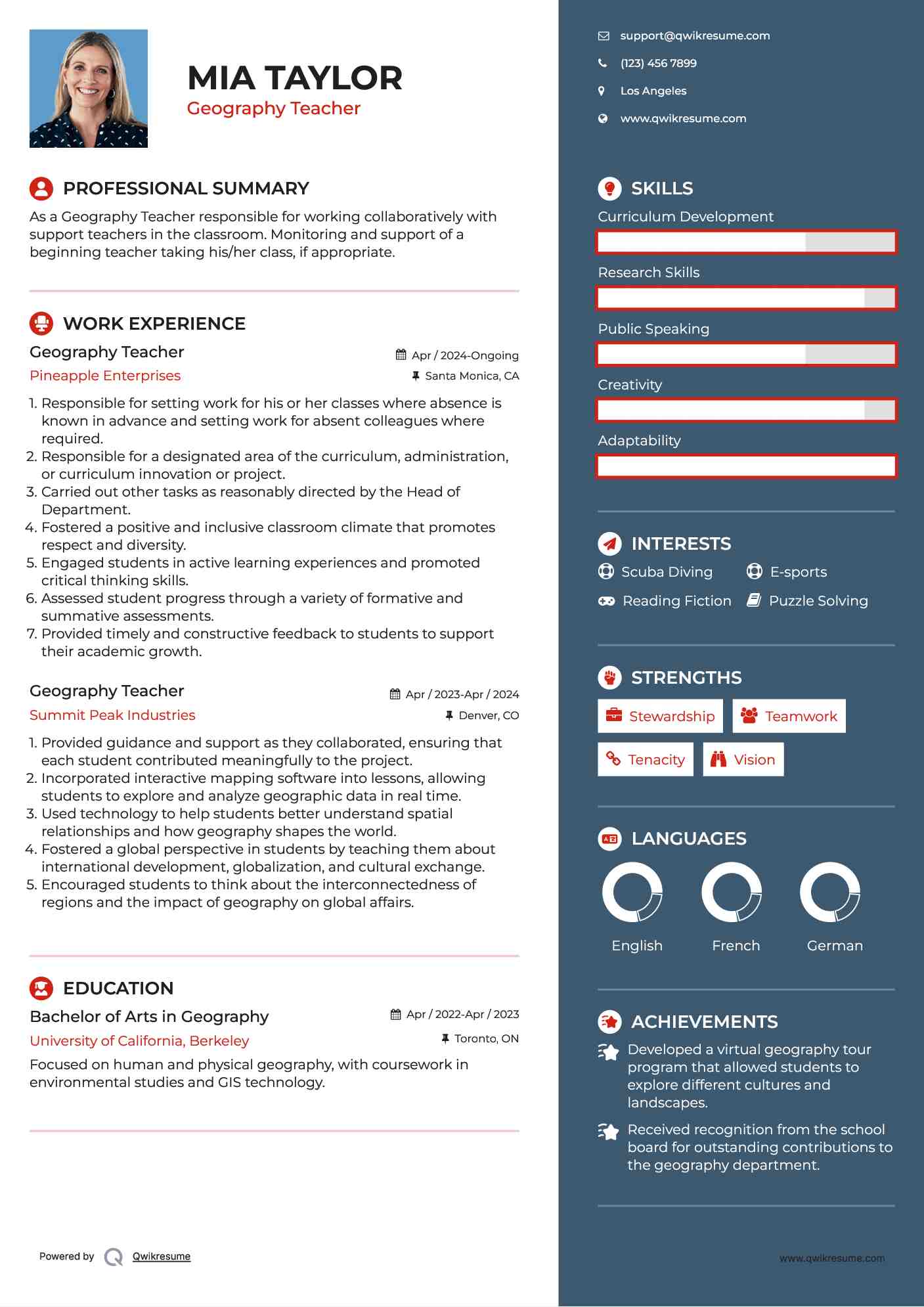 Geography Teacher Resume Sample