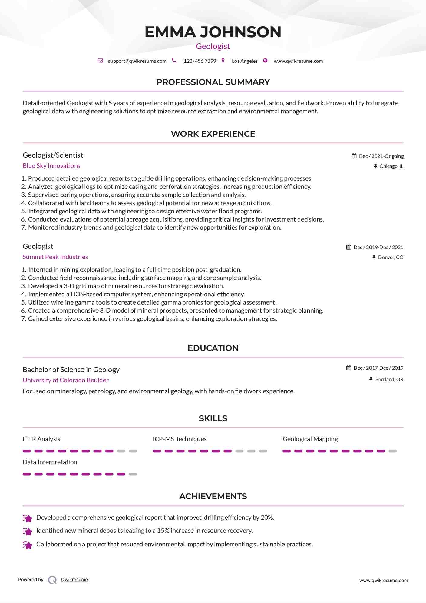 Geologist/Scientist Resume Template