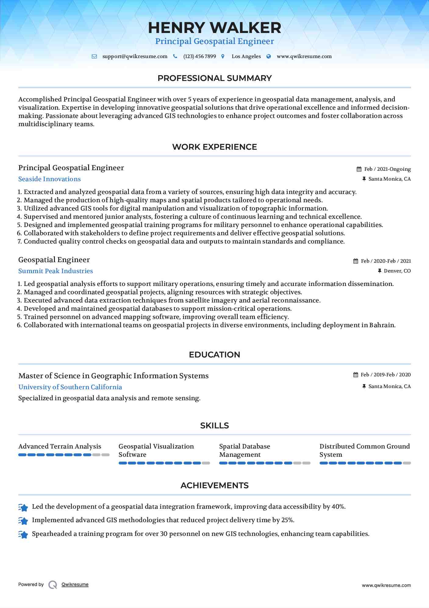 Principal Geospatial Engineer
 Resume Format