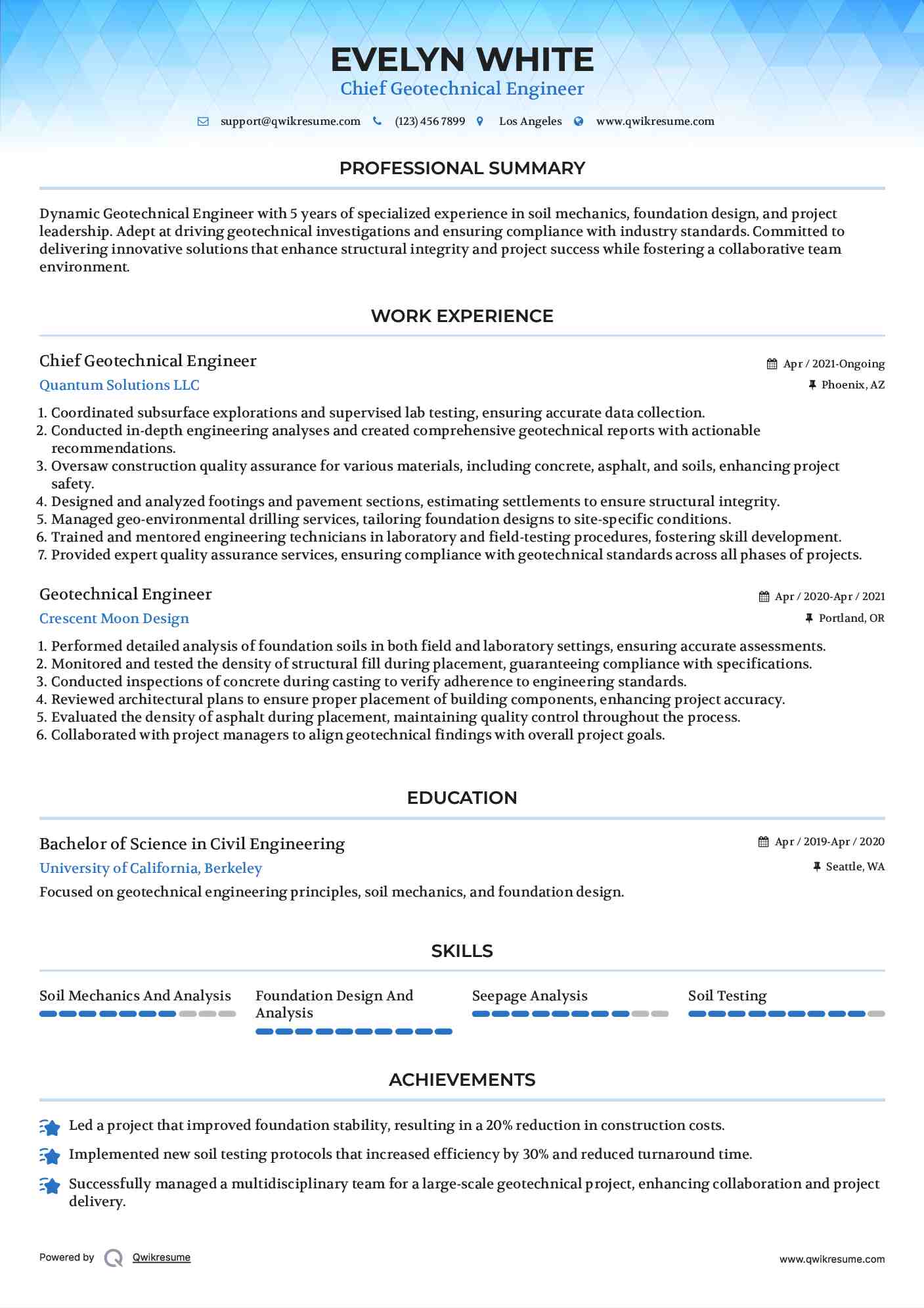 Chief Geotechnical Engineer Resume Example