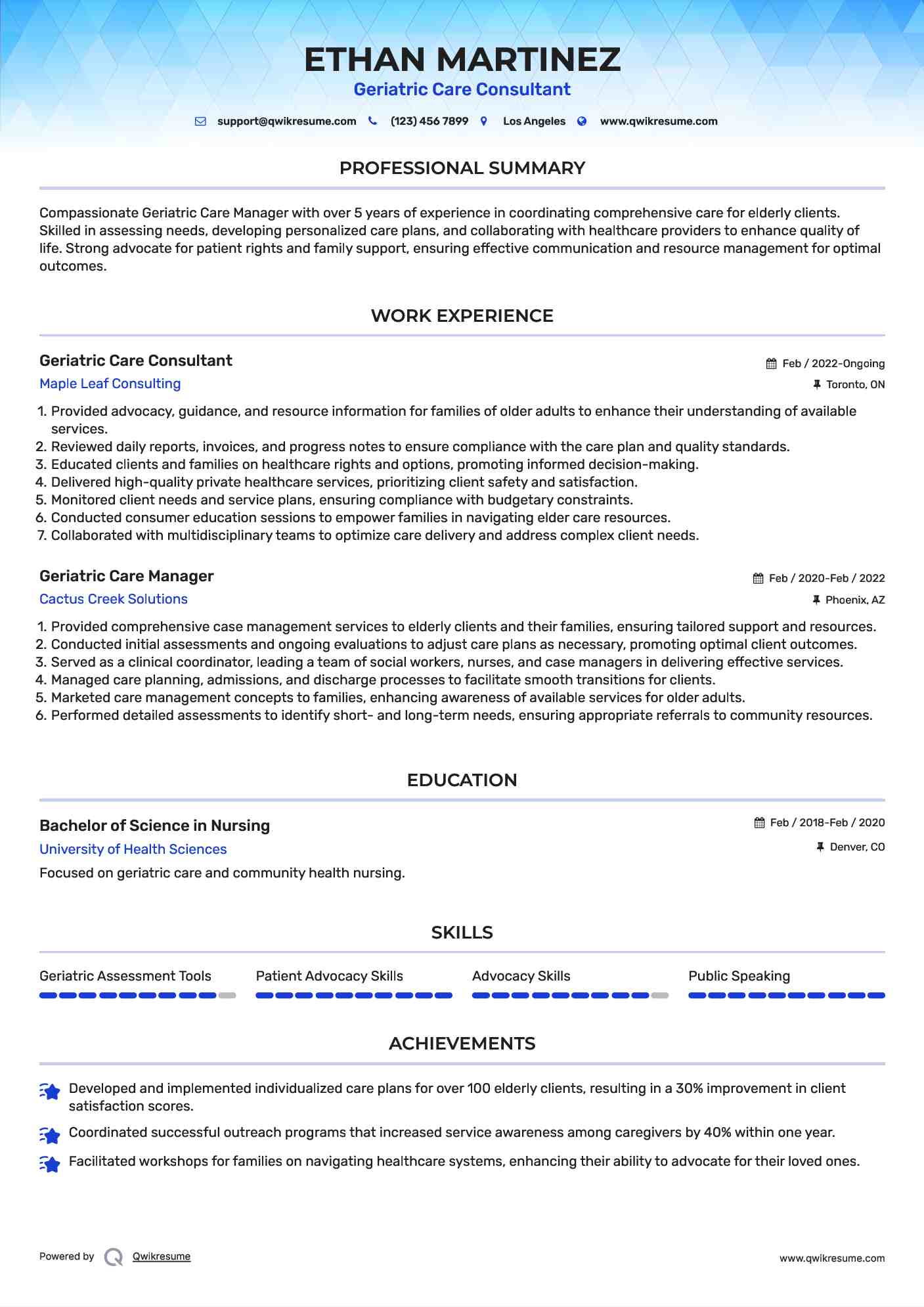 Geriatric Care Consultant Resume Format