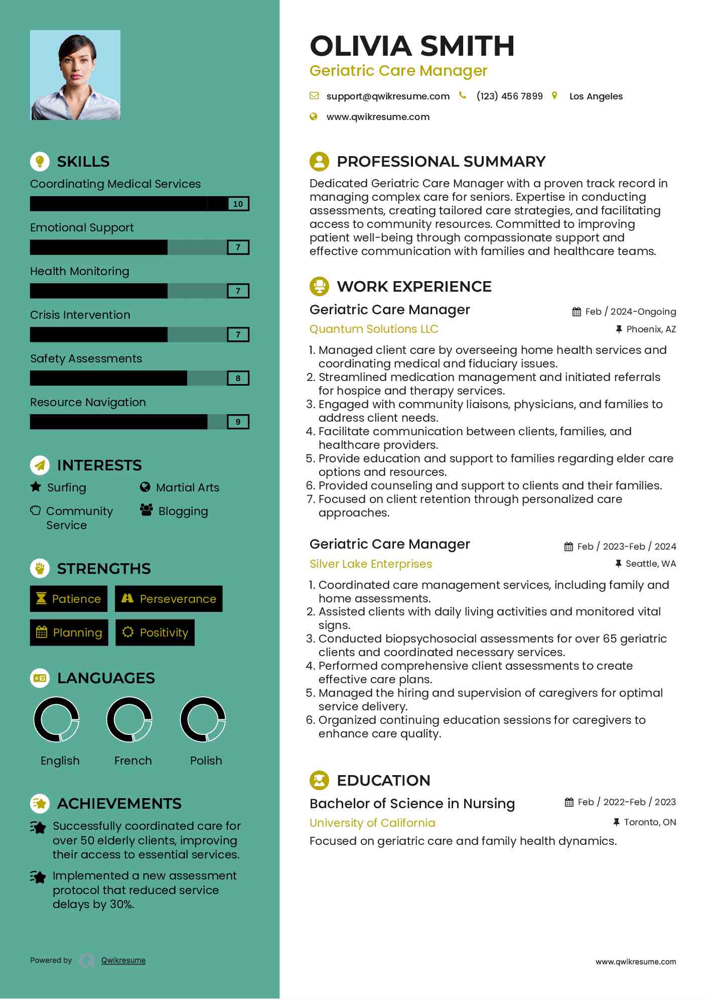 Geriatric Care Manager Resume Sample