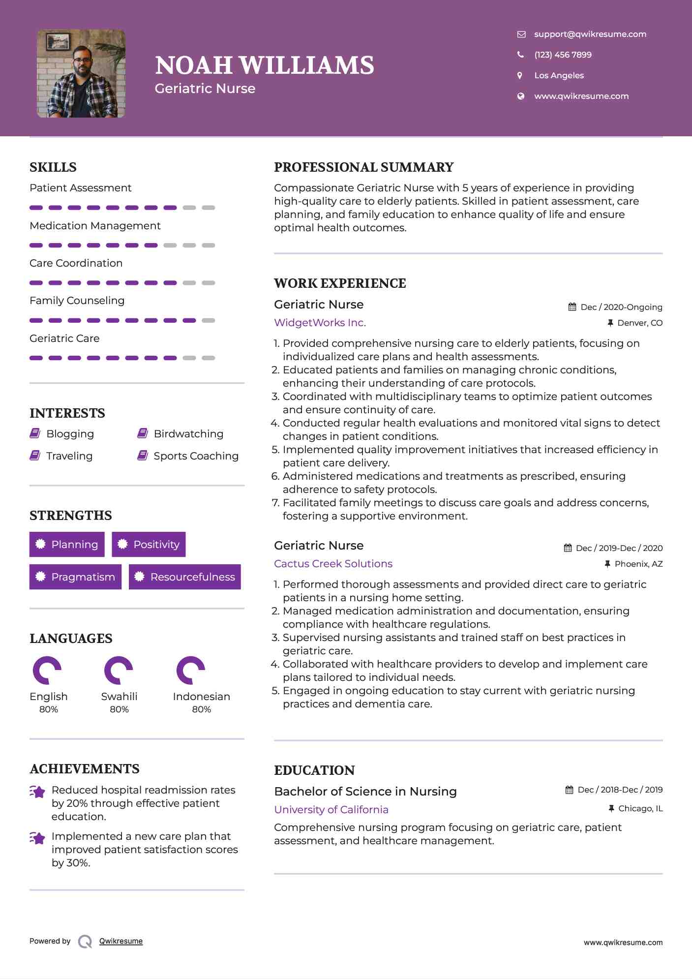Geriatric Nurse Resume Sample