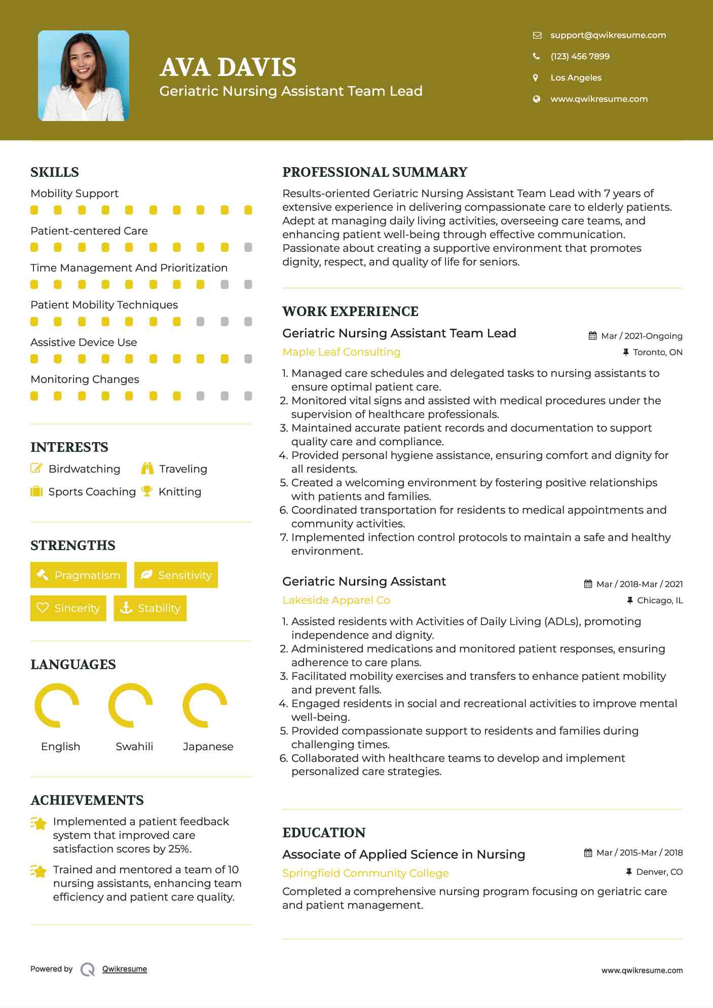 Geriatric Nursing Assistant Team Lead Resume Example