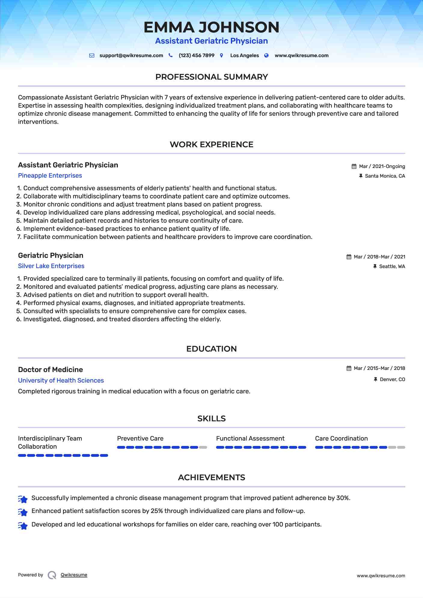 Assistant Geriatric Physician Resume Example