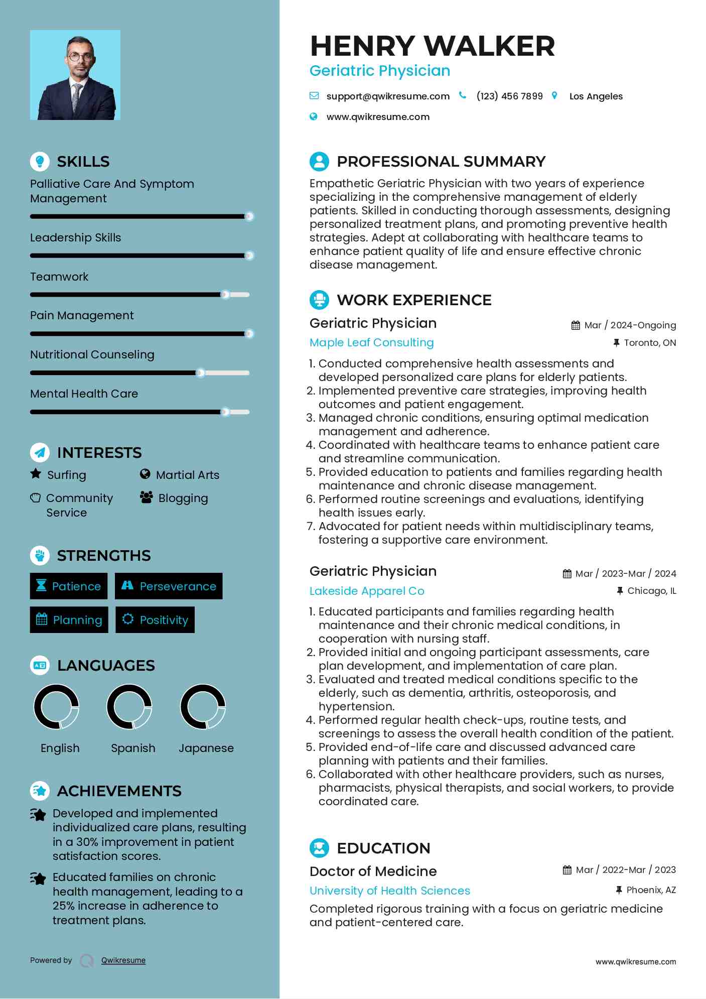 Geriatric Physician Resume Example