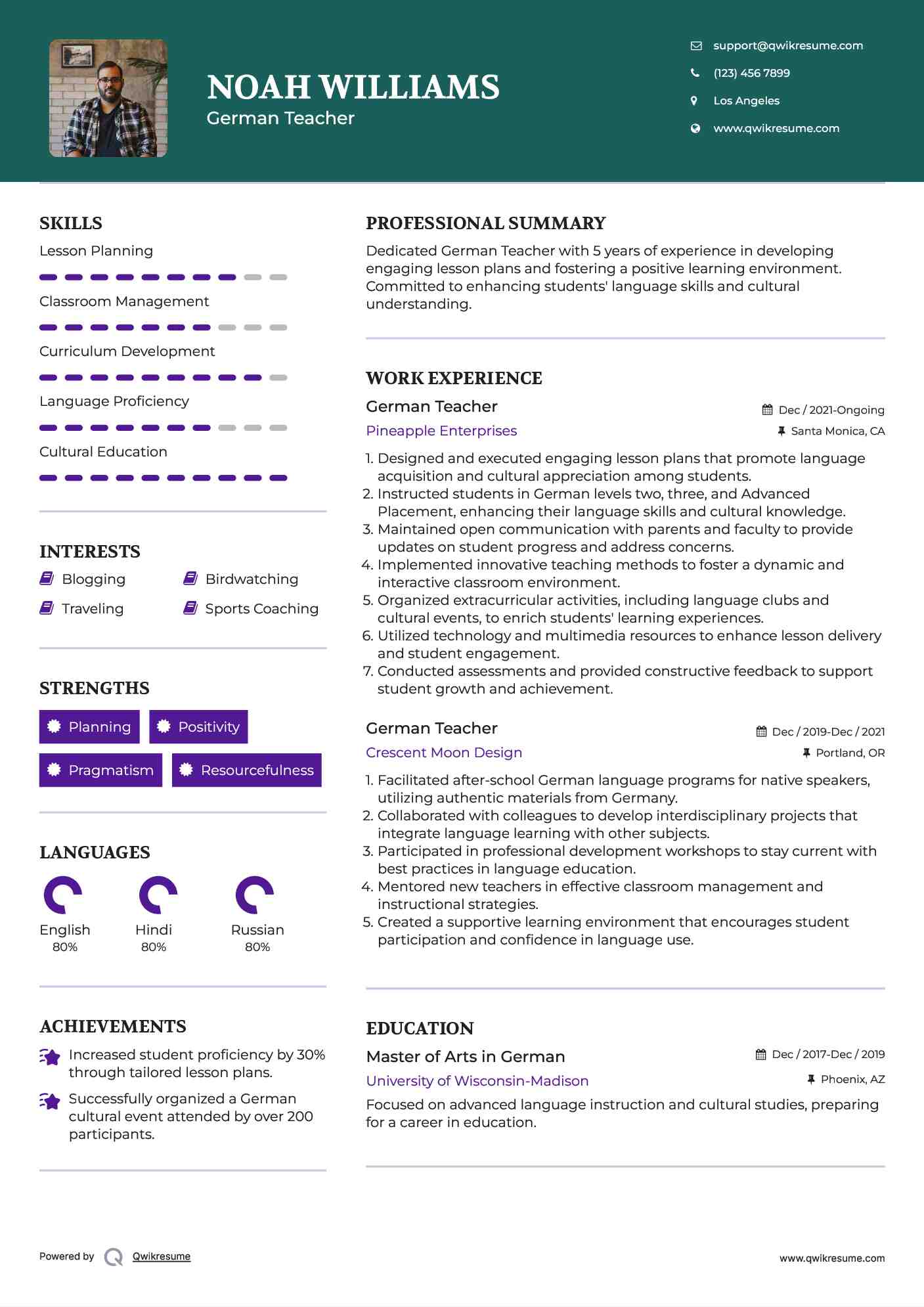 German Teacher Resume Template