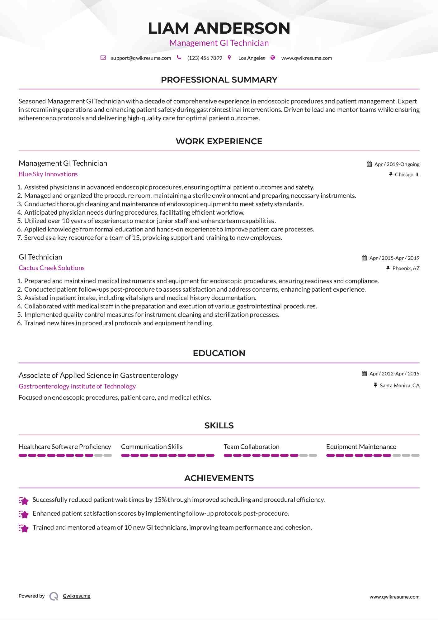 Management GI Technician Resume Model