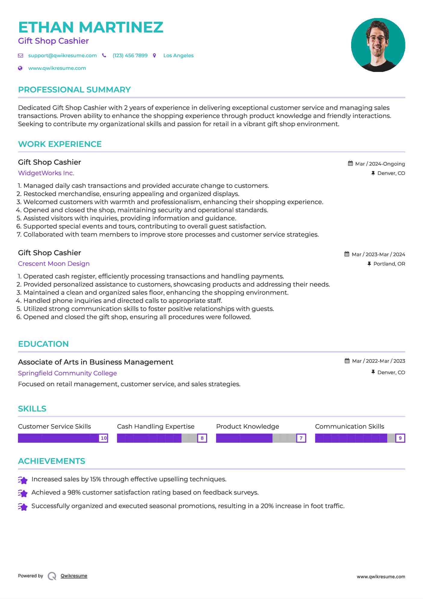 Gift Shop Cashier Resume Example
