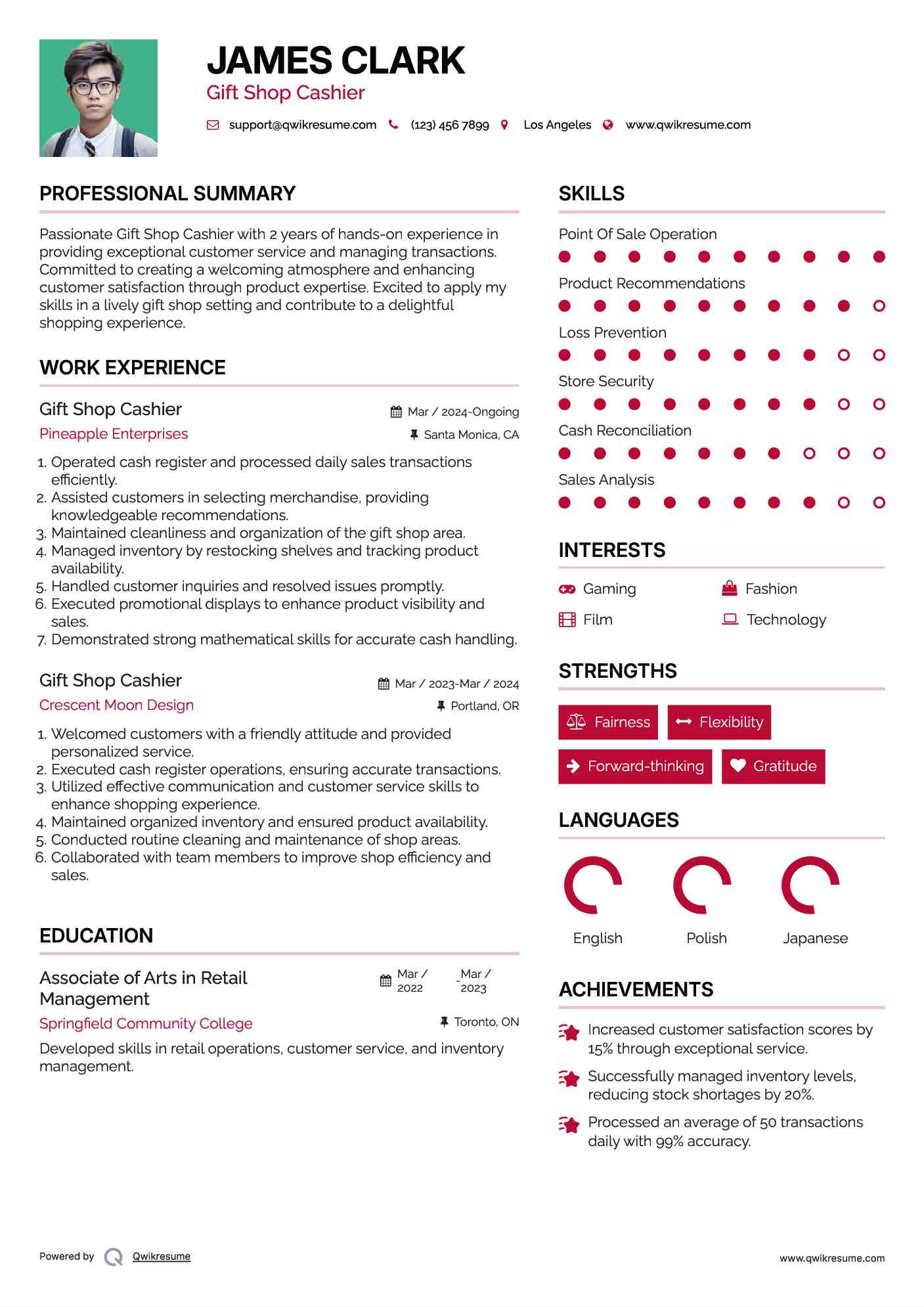 Gift Shop Cashier Resume Format