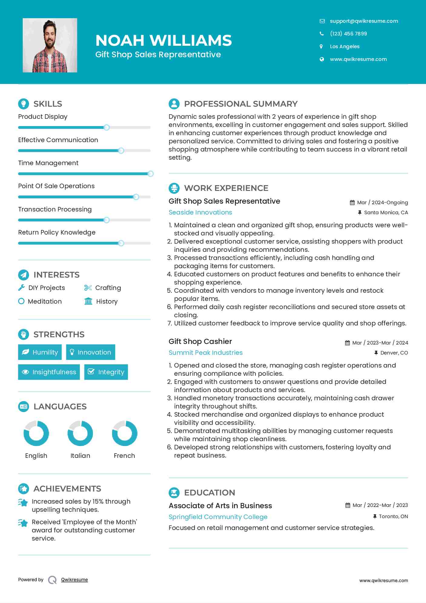 Gift Shop Sales Representative Resume Model