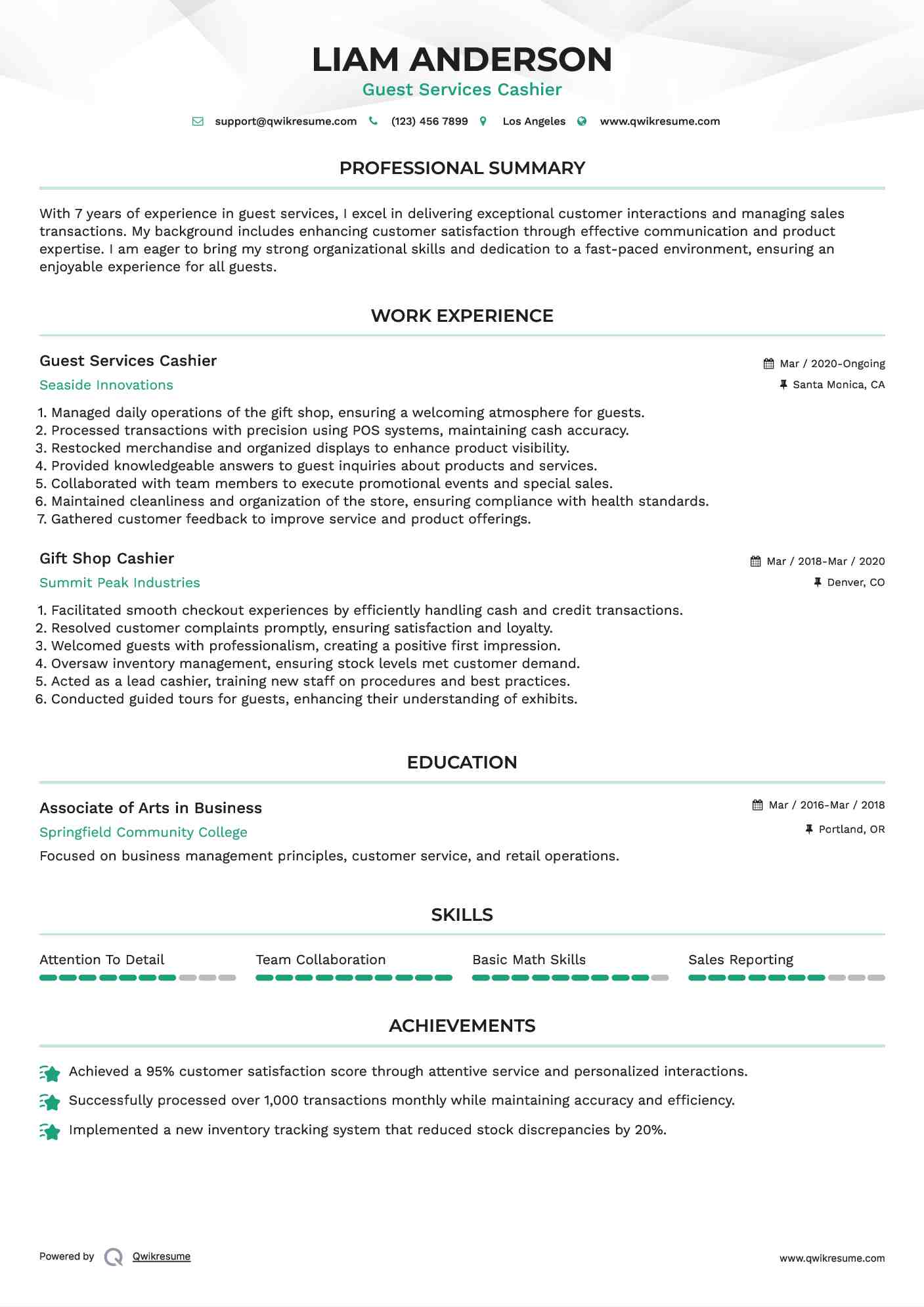 Guest Services Cashier Resume Format