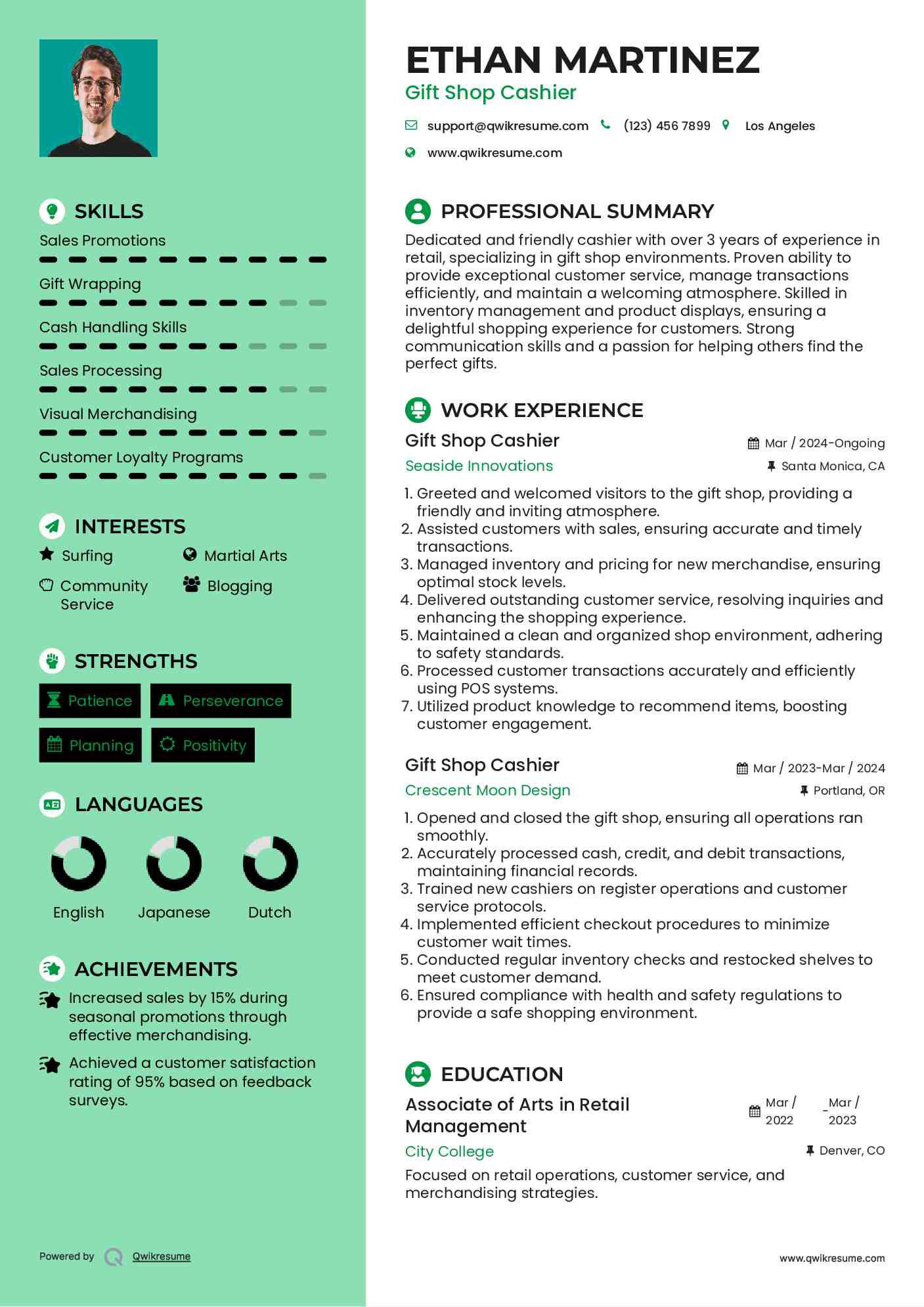 Gift Shop Cashier Resume Example