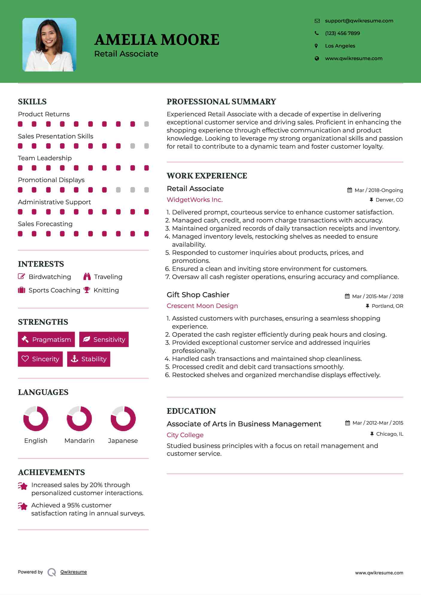 Retail Associate Resume Example