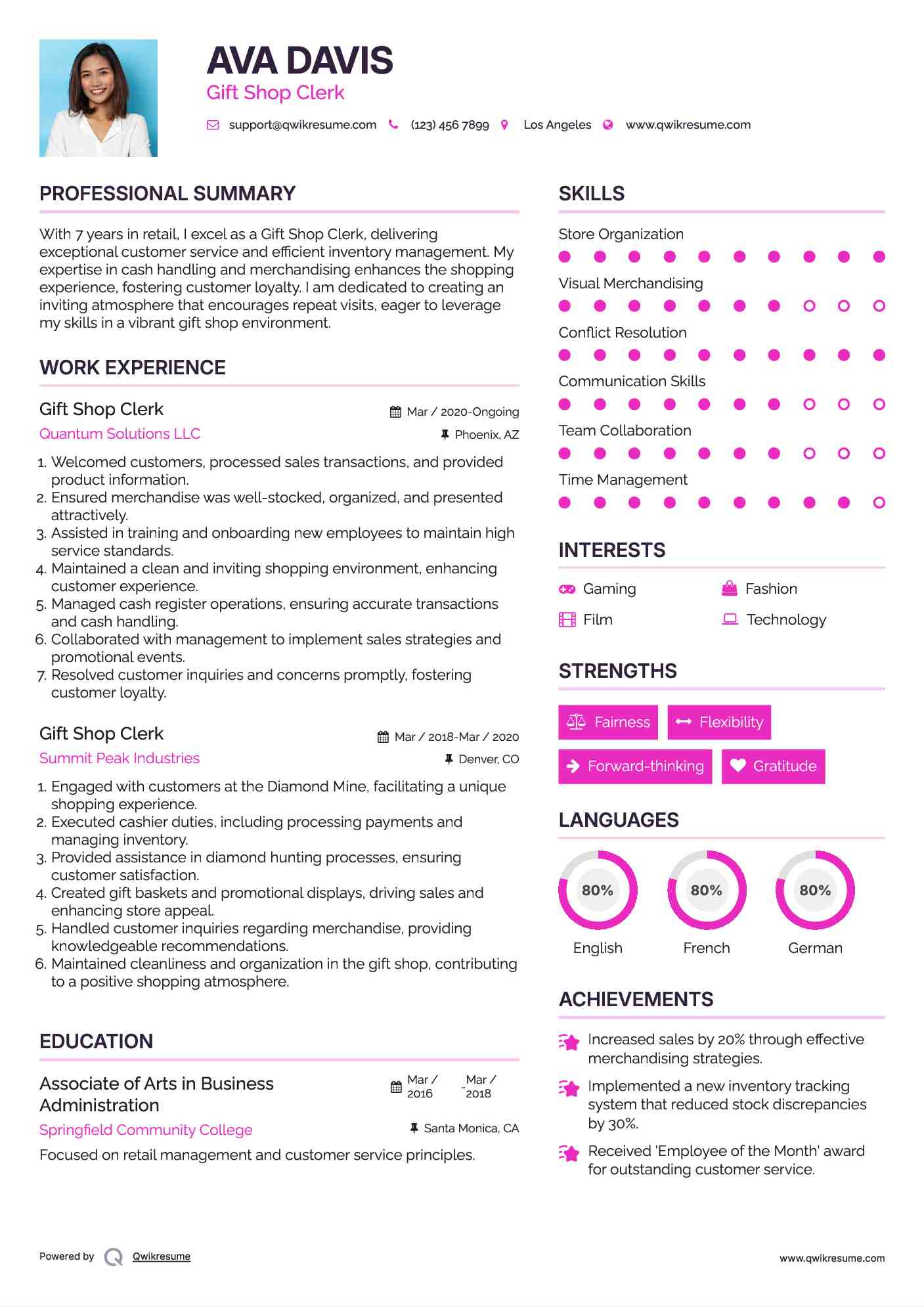 Gift Shop Clerk Resume Example
