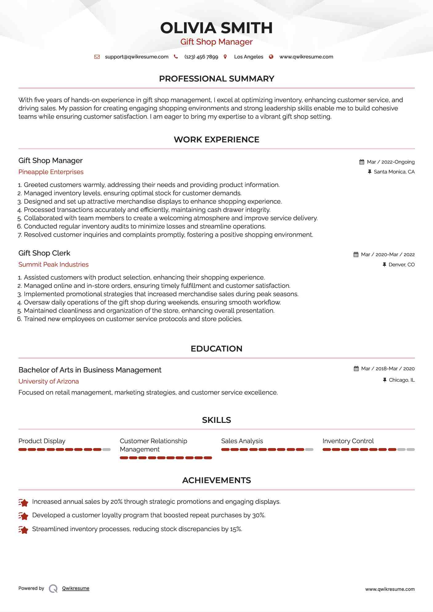 Gift Shop Manager Resume Template