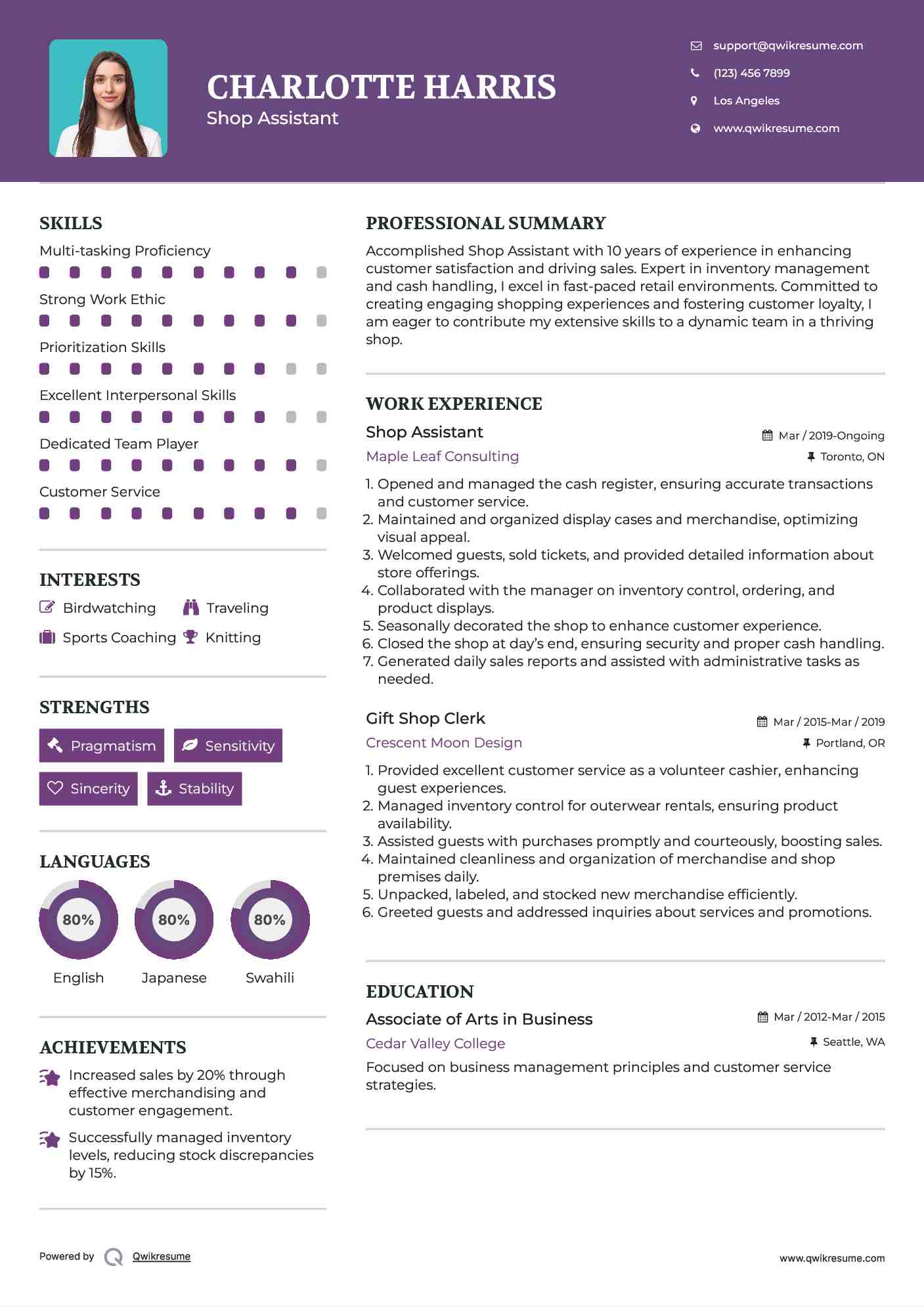 Shop Assistant Resume Template