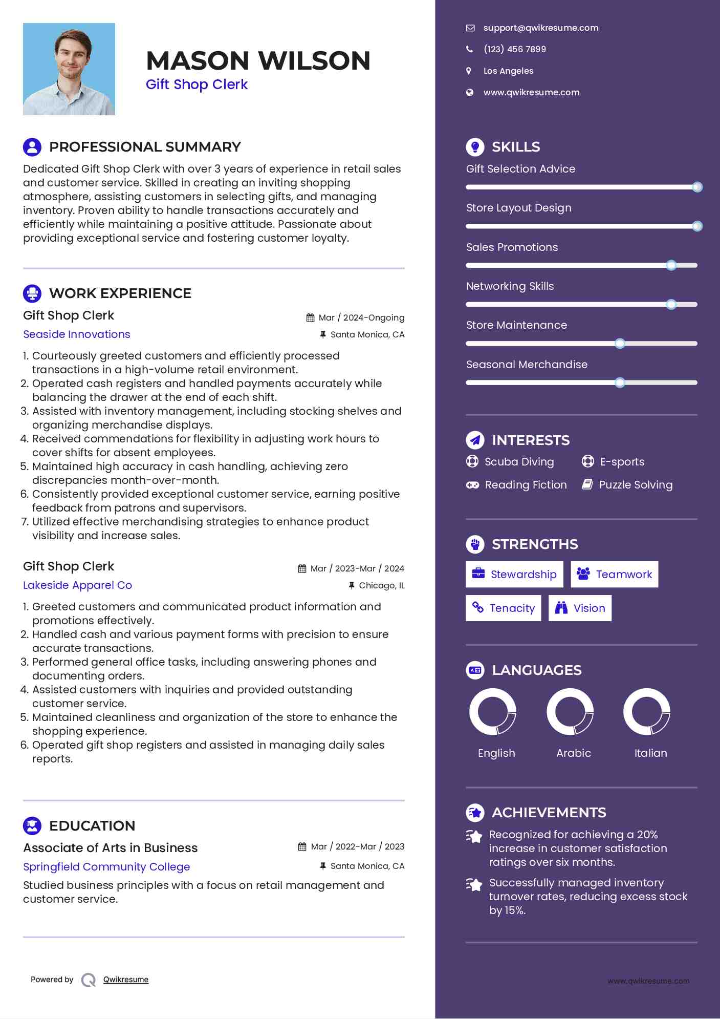 Gift Shop Clerk Resume Sample