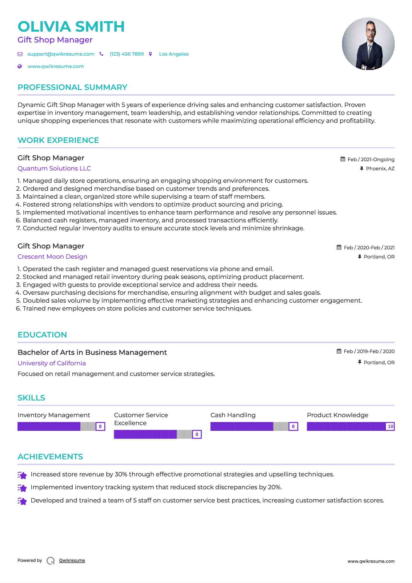 Gift Shop Manager Resume Sample