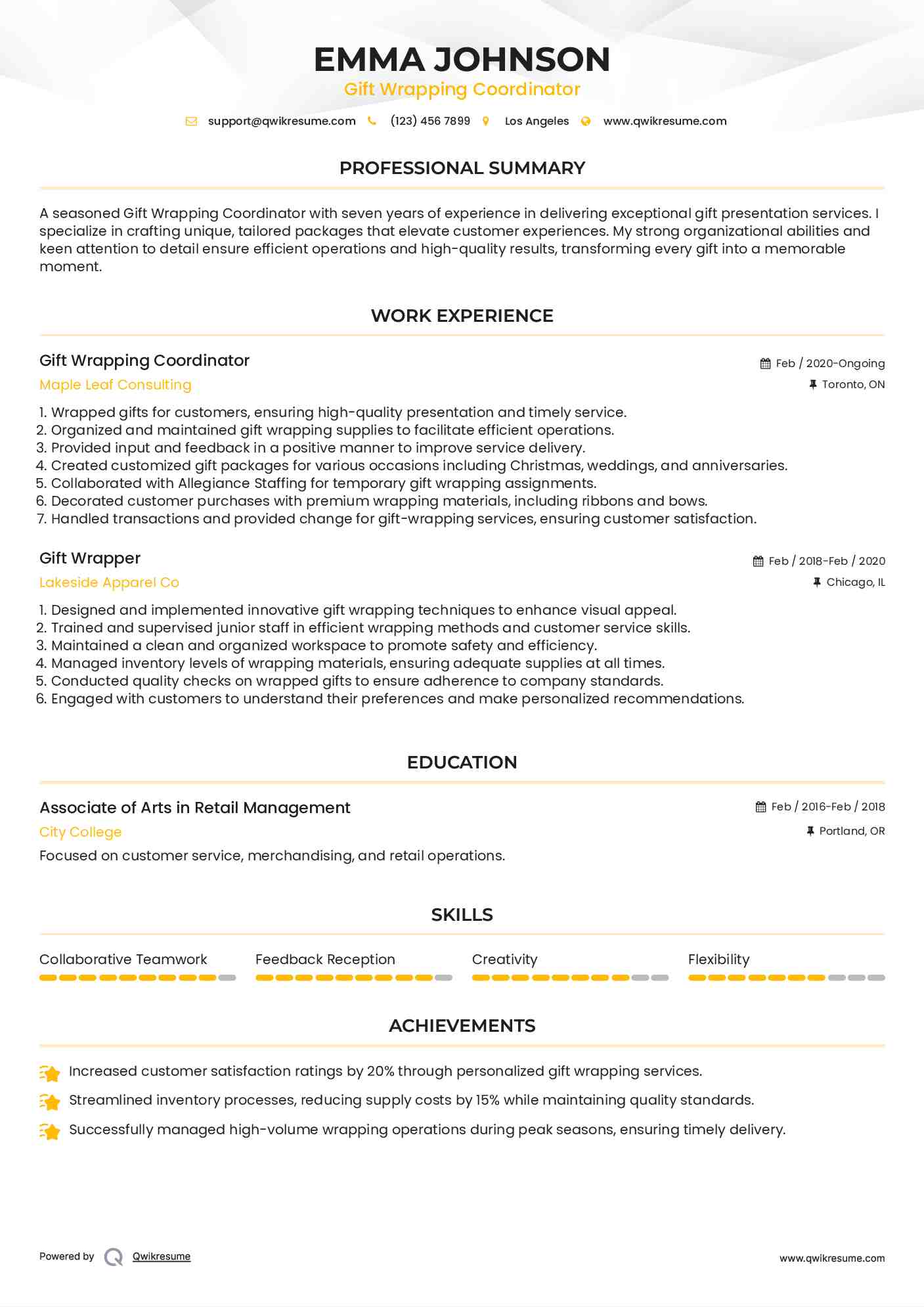 Gift Wrapping Coordinator Resume Example