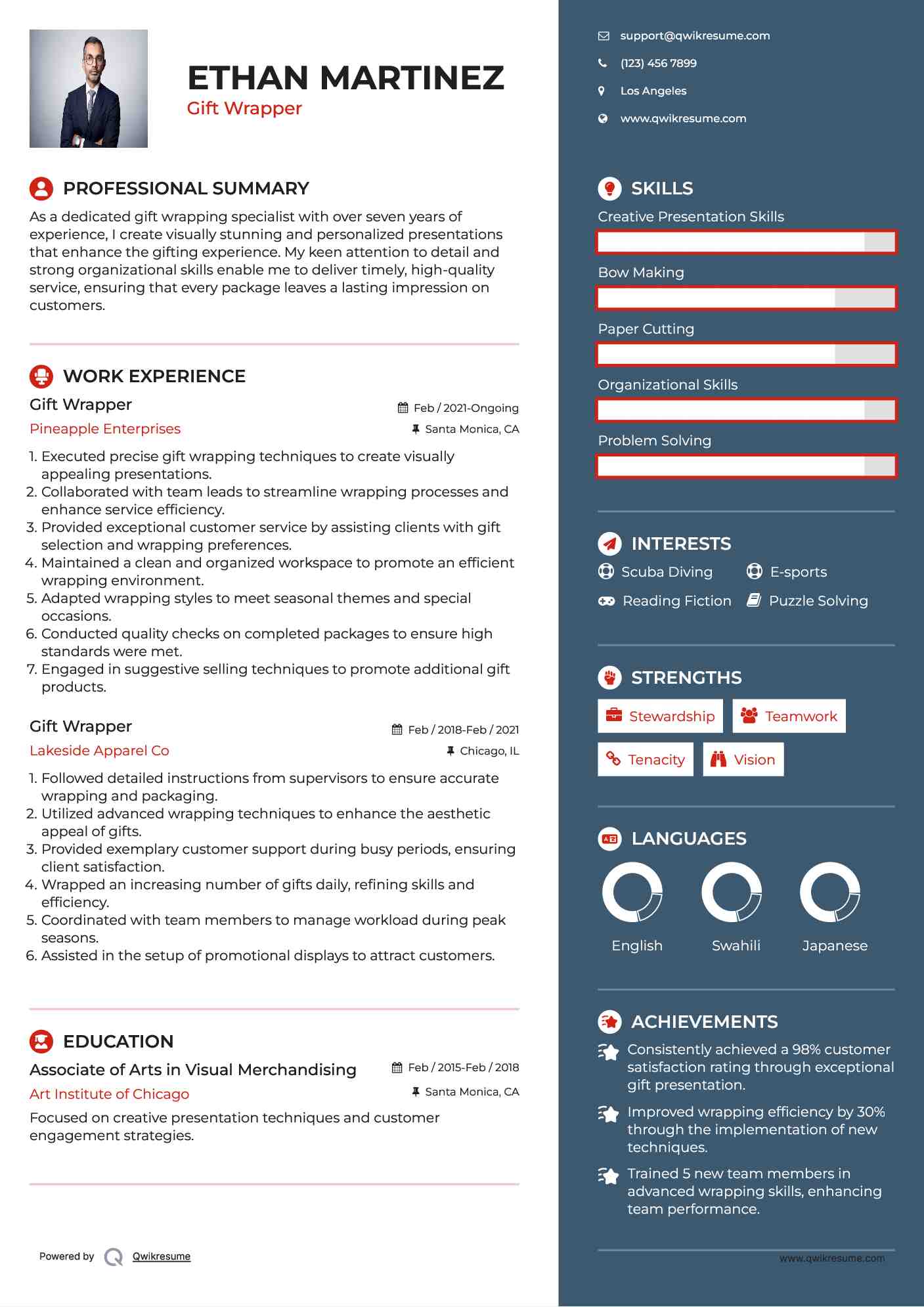 Gift Wrapper Resume Example