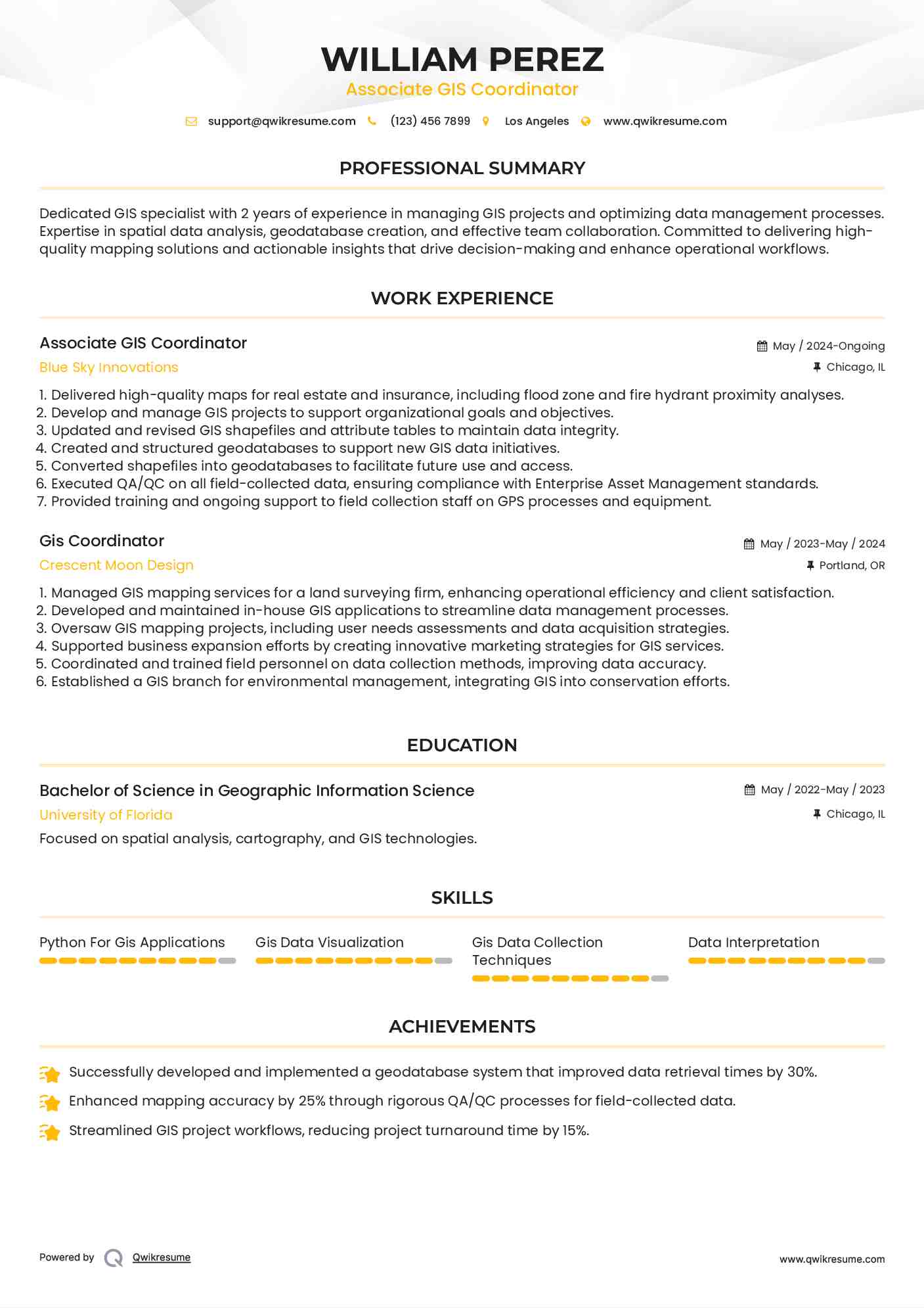 Associate GIS Coordinator
 Resume Example