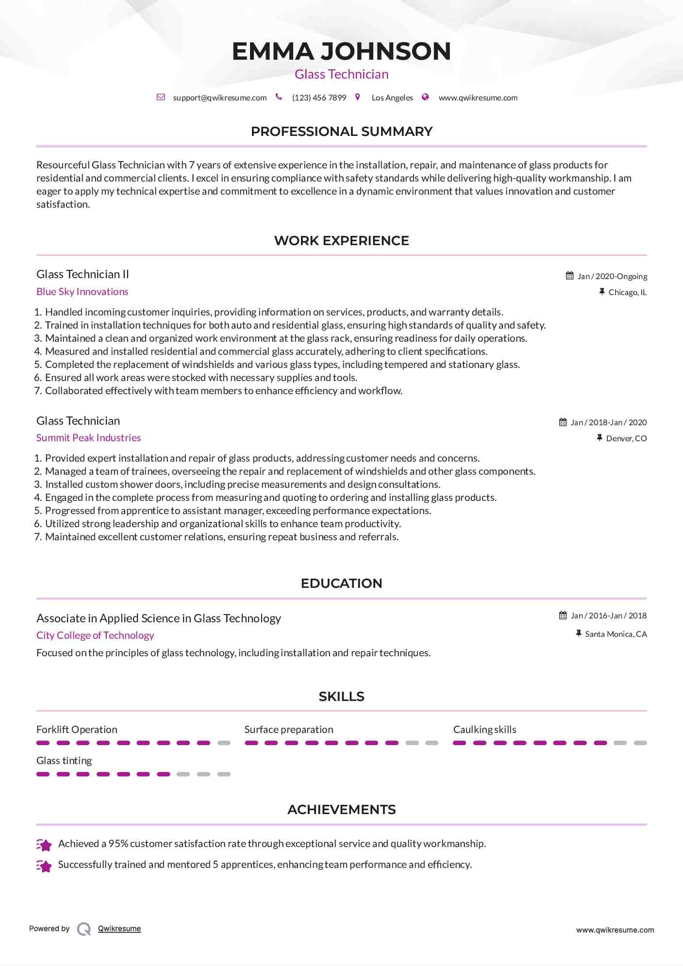 Glass Technician II Resume Model