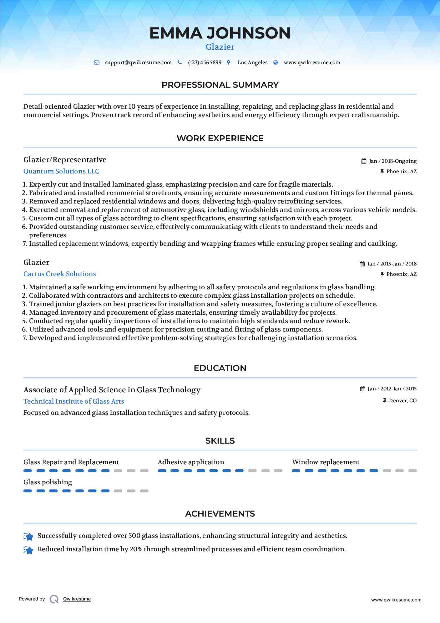 Glazier/Representative Resume Model