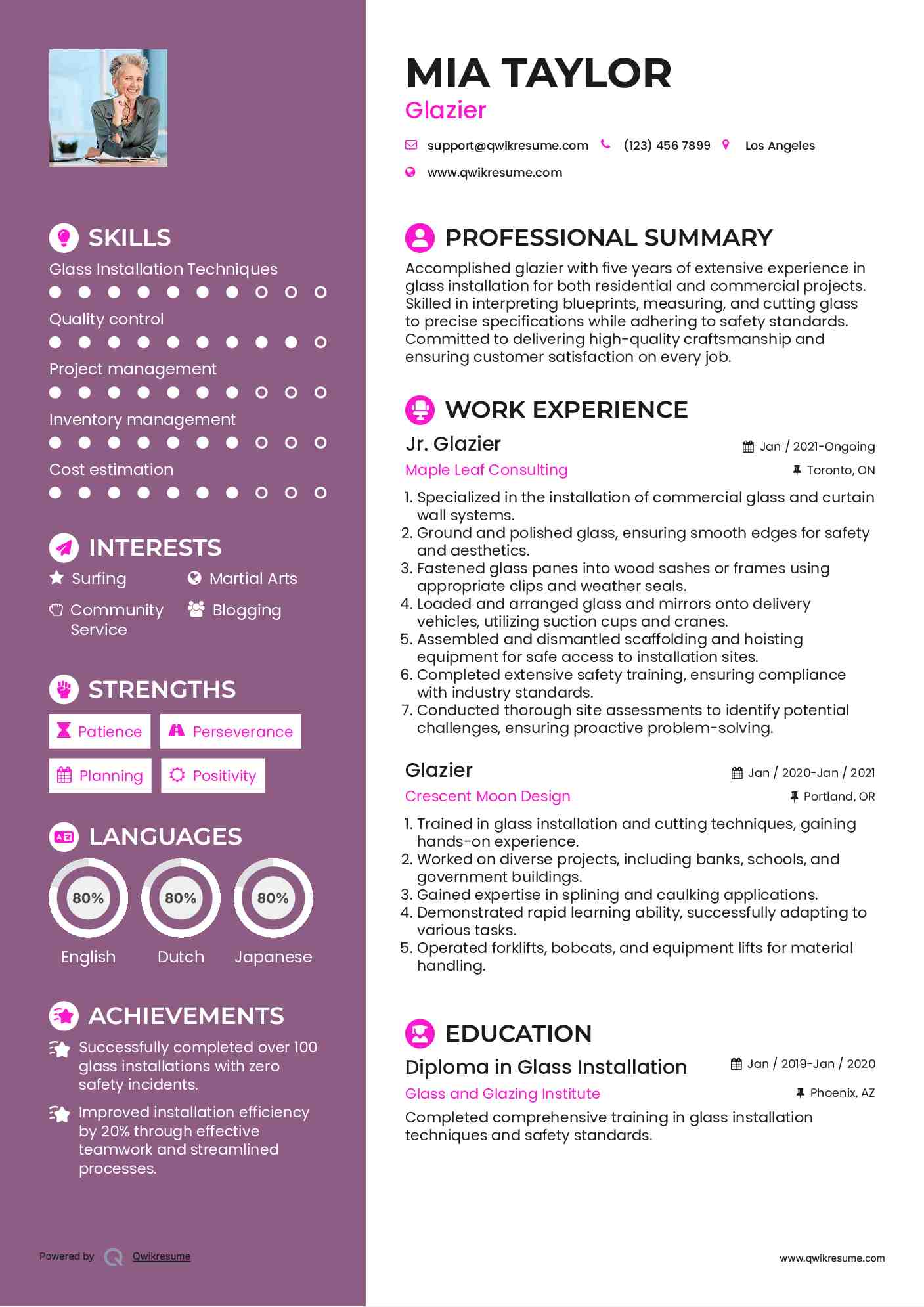 Jr. Glazier Resume Format
