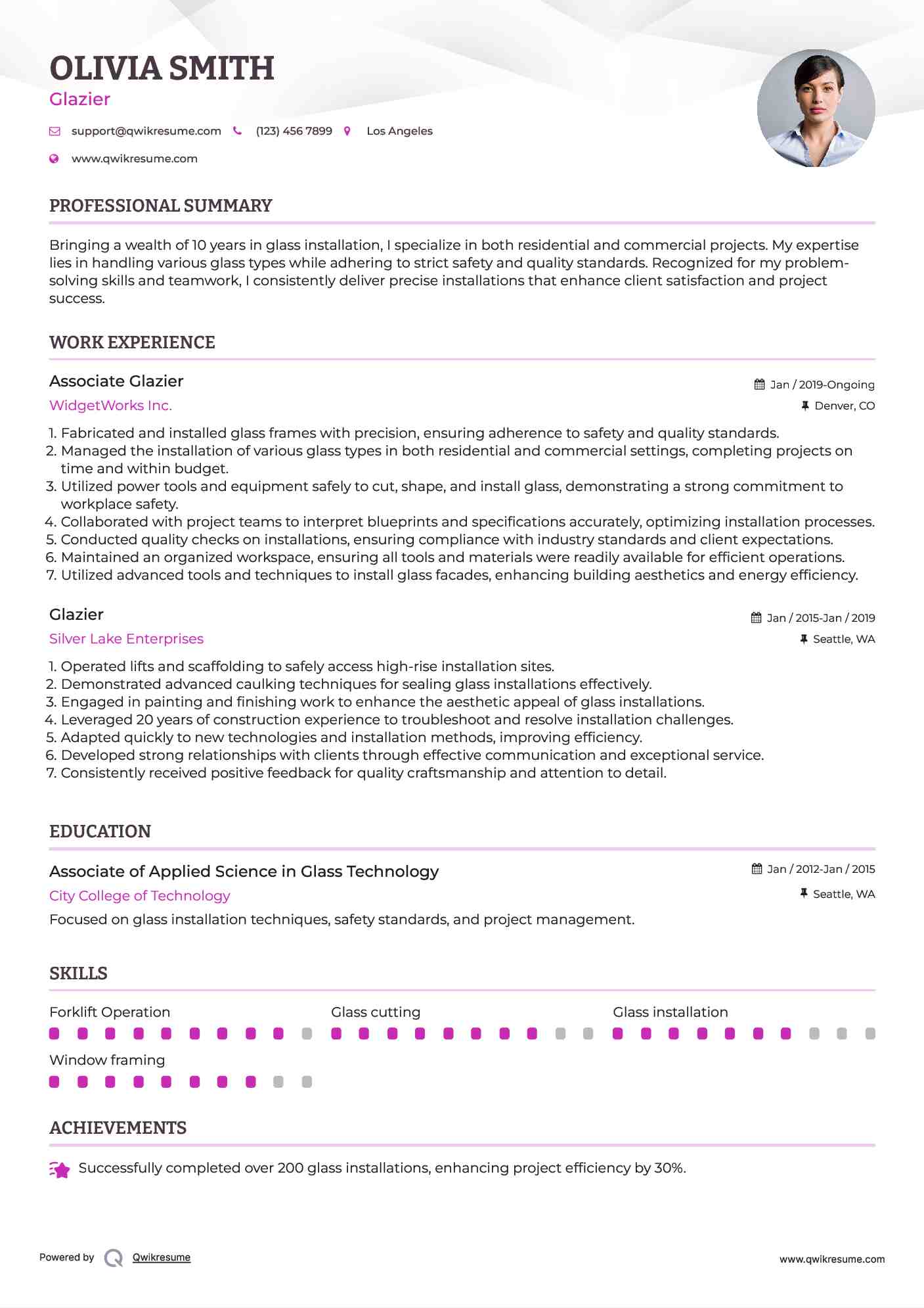 Associate Glazier Resume Model