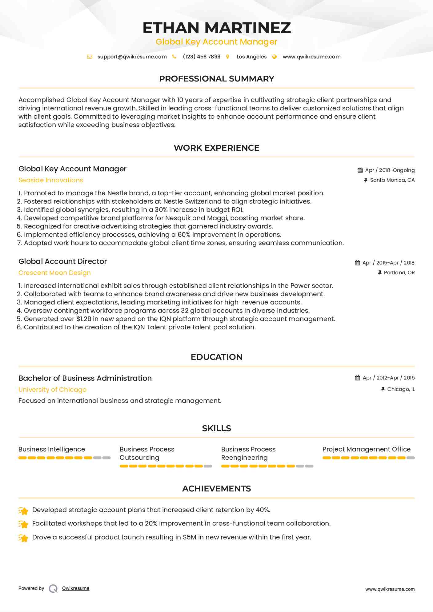 Global Key Account Manager Resume Example