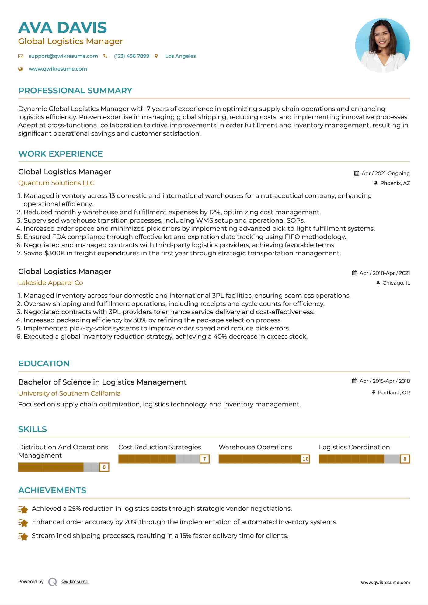Global Logistics Manager Resume Format