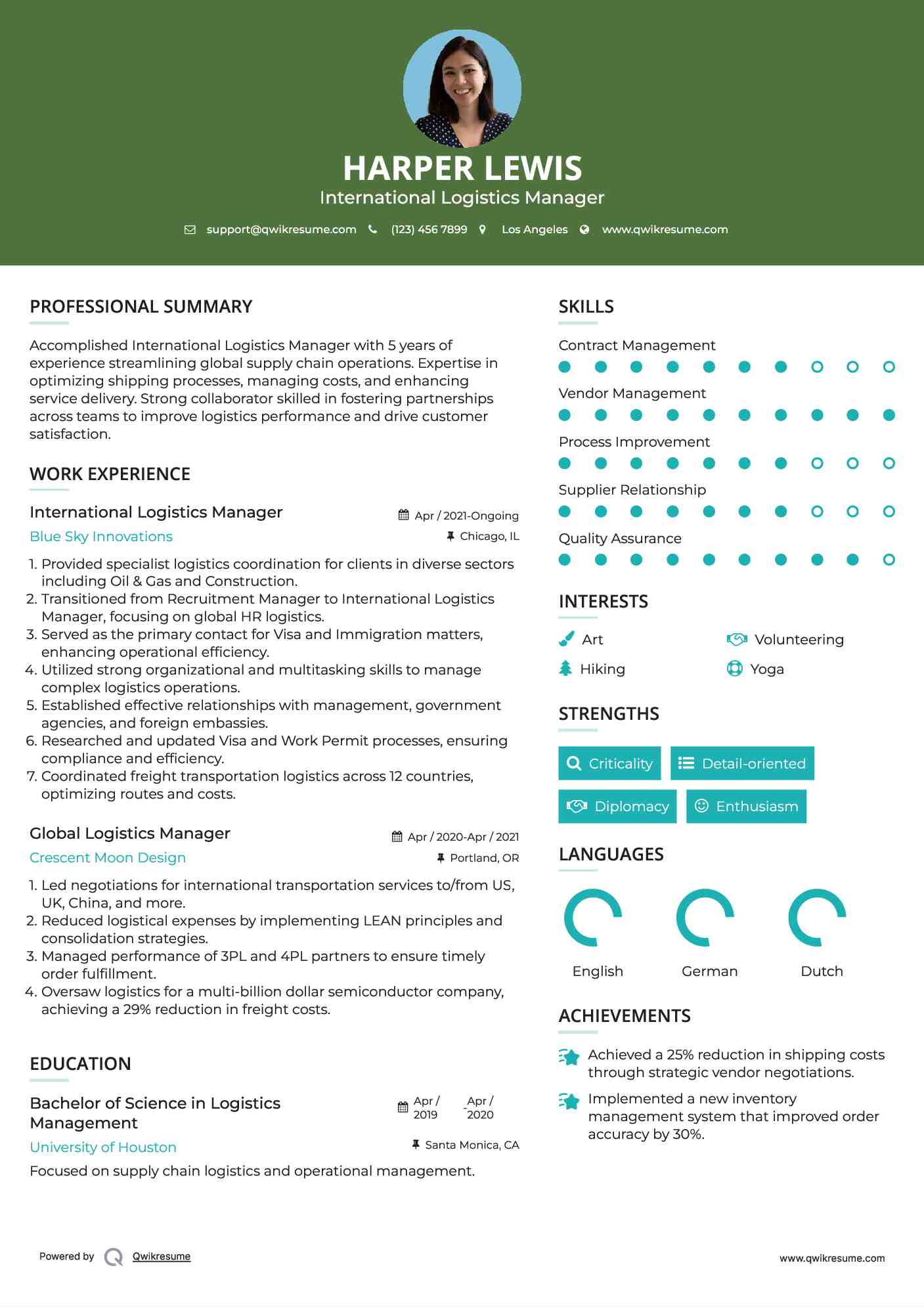 International Logistics Manager Resume Sample
