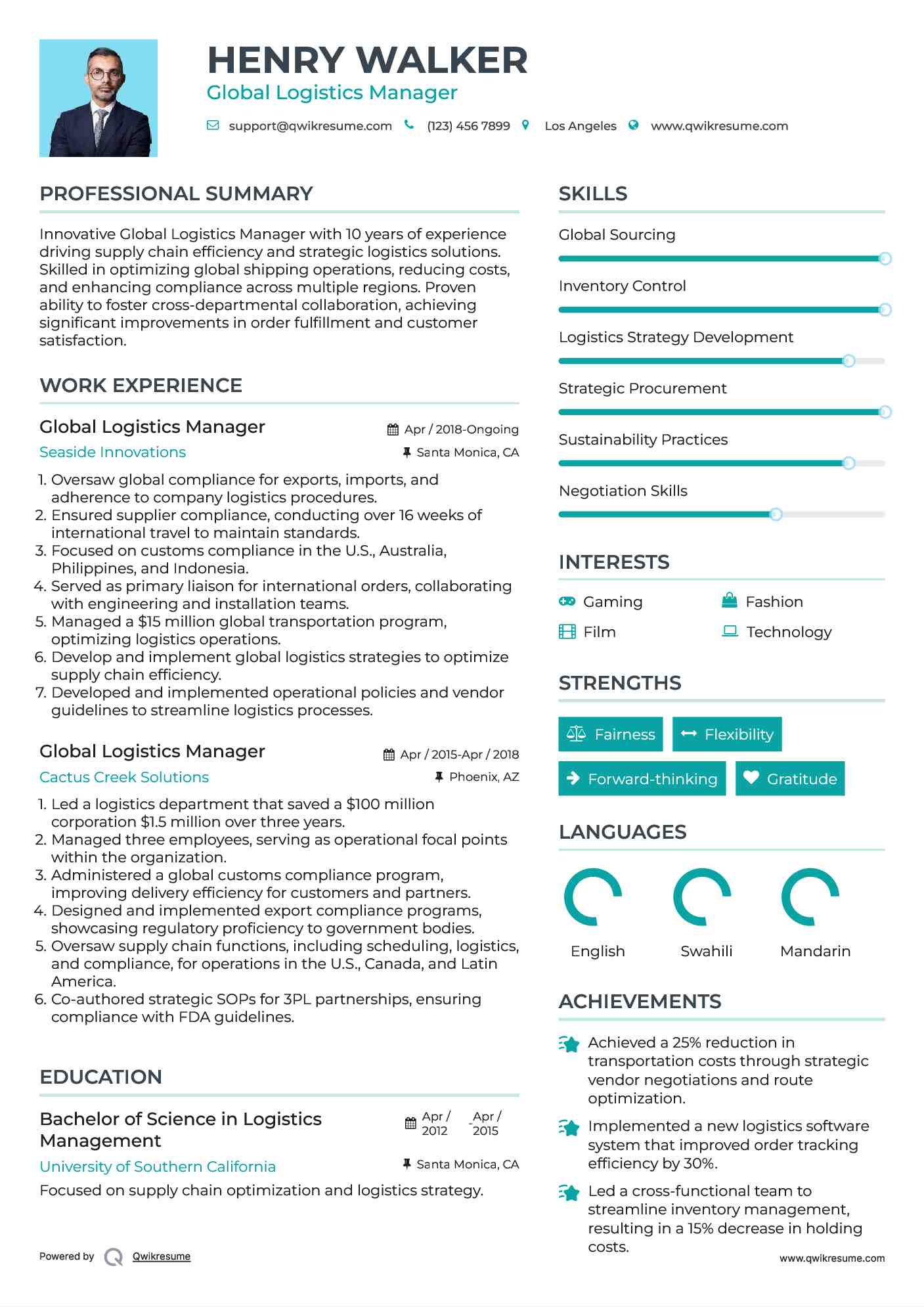 Global Logistics Manager Resume Sample