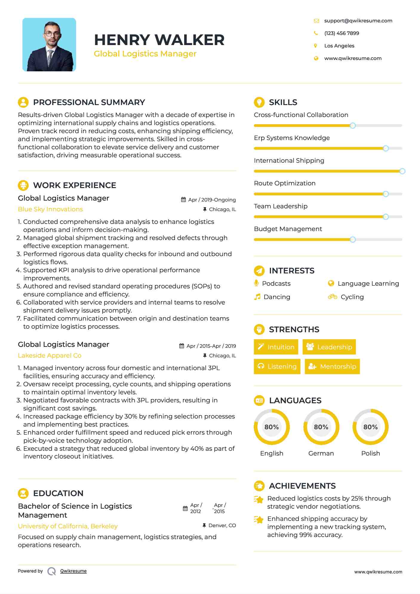 Global Logistics Manager Resume Model