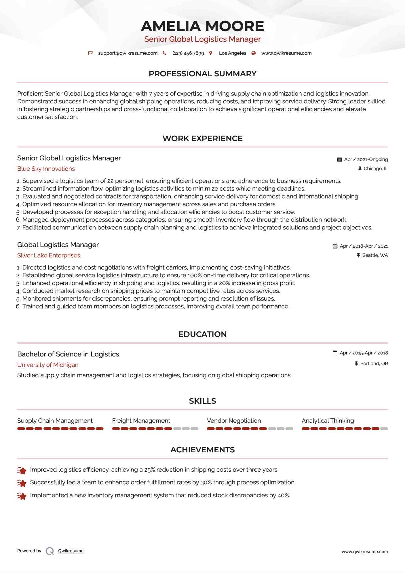 Senior Global Logistics Manager Resume Template