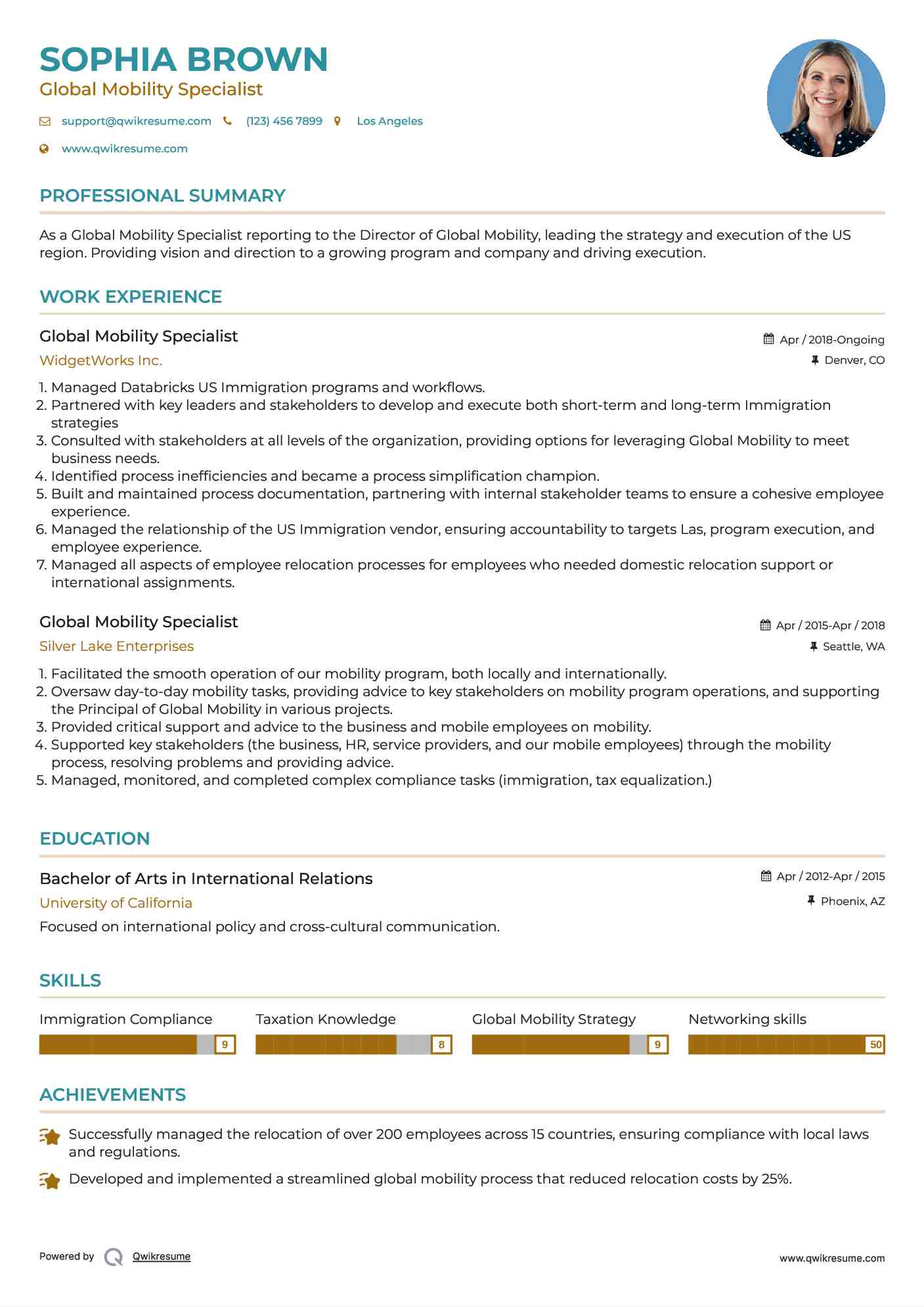 Global Mobility Specialist Resume Example