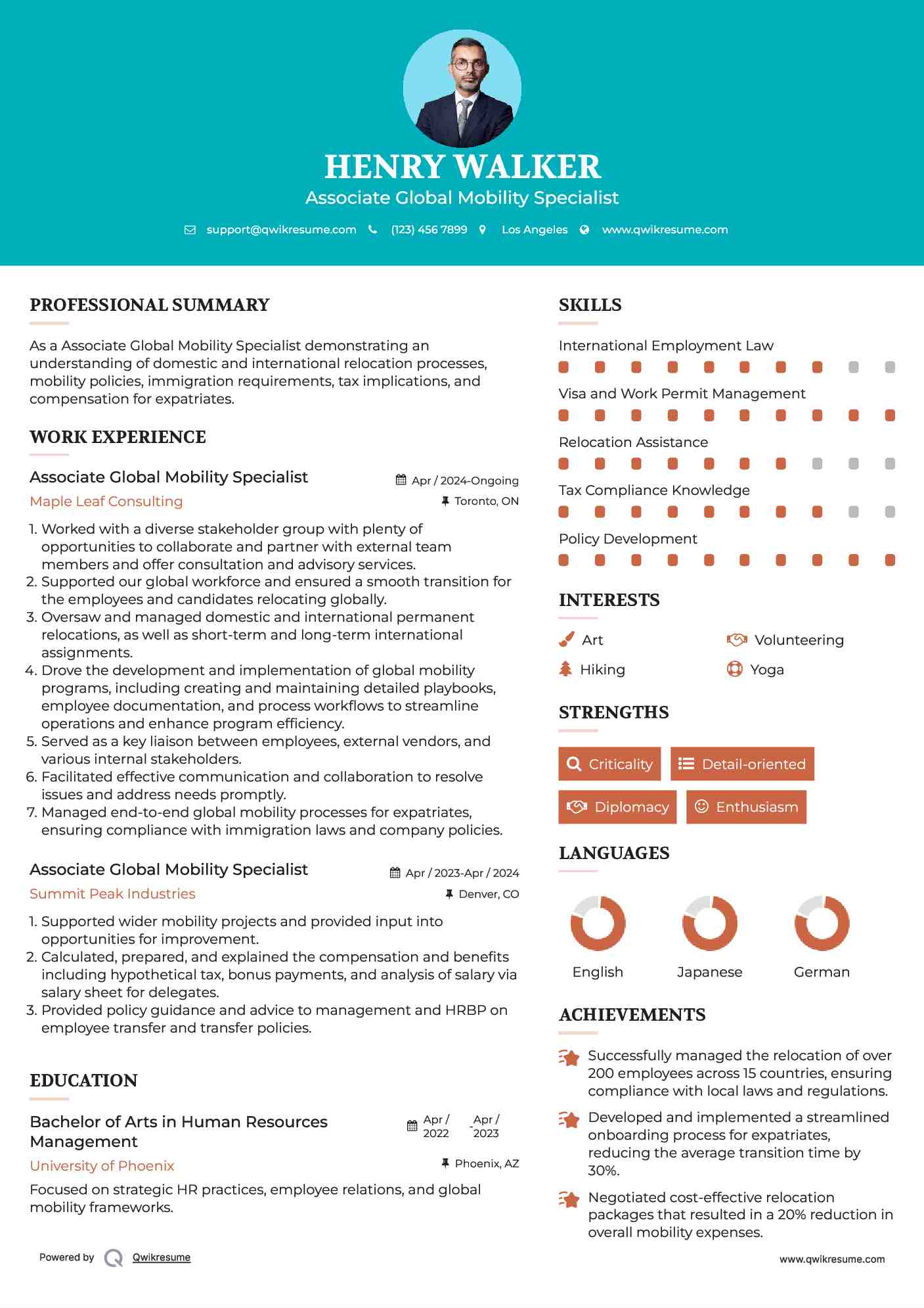 Associate Global Mobility Specialist Resume Example