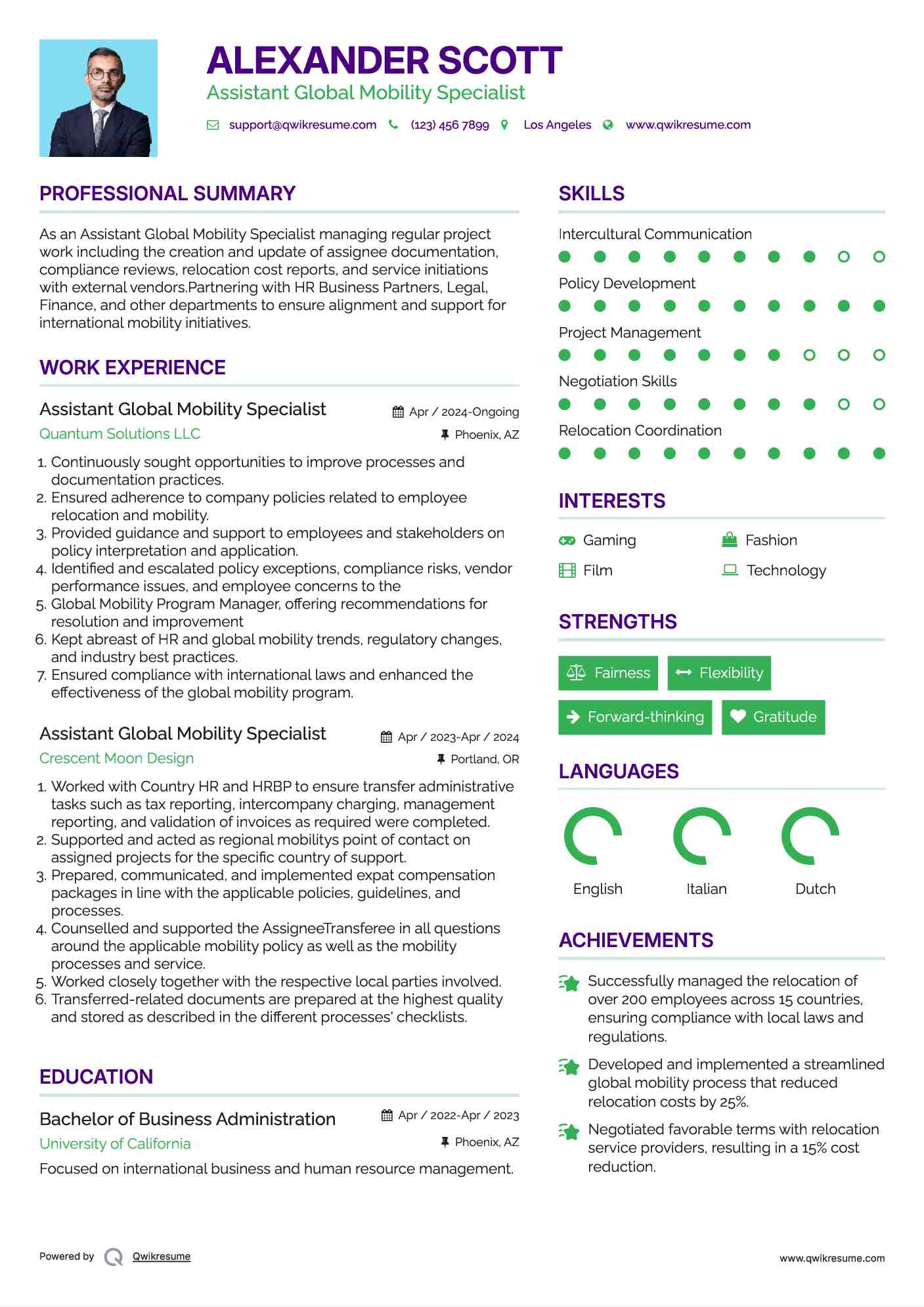 Assistant Global Mobility Specialist Resume Format