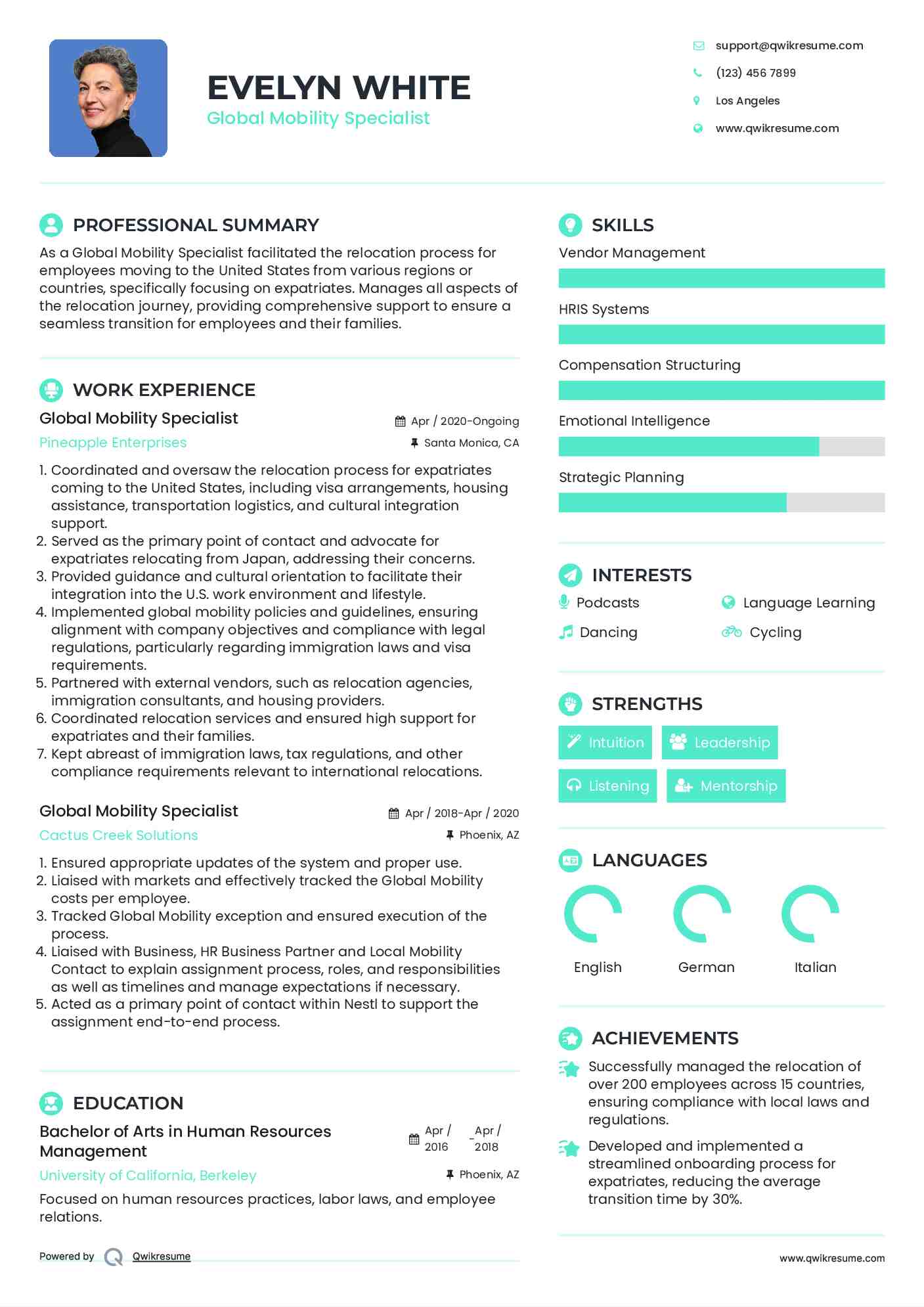  Global Mobility Specialist Resume Sample