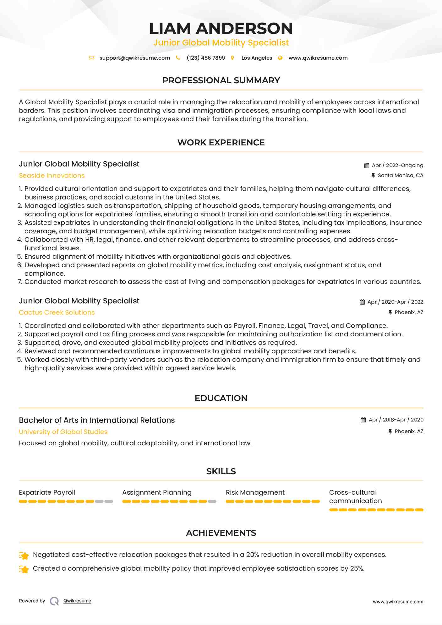 Junior  Global Mobility Specialist Resume Format
